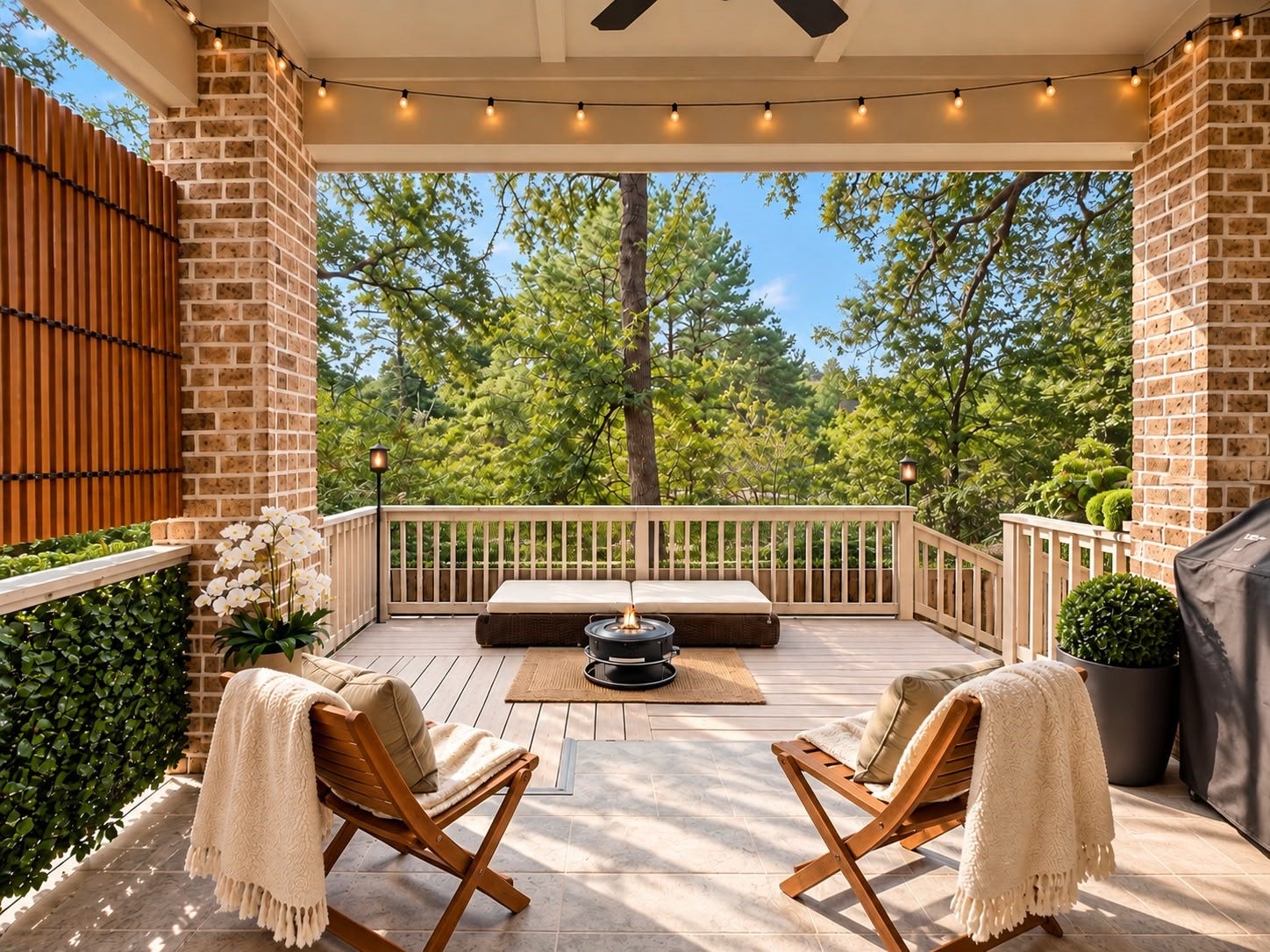 413 Forest Reserve Place, Houston, TX 77079 Covered outdoor patio featuring string lighting, comfortable seating, a fire pit, and a peaceful wooded view.