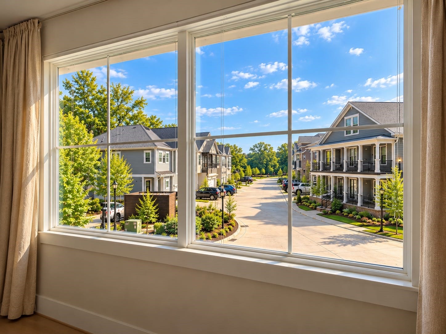 413 Forest Reserve Place, Houston, TX 77079 Expansive picture window offering a beautiful view of the well-maintained residential neighborhood, tree-lined streets, and surrounding homes.