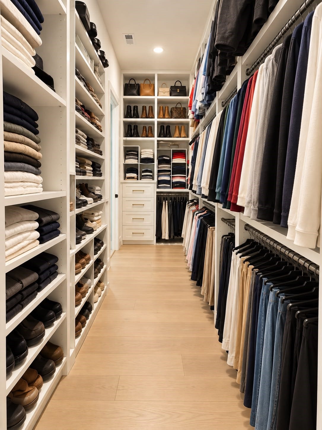 413 Forest Reserve Place, Houston, TX 77079 Spacious walk-in closet with custom cabinetry, organized clothing racks, shoe storage, and built-in drawers.