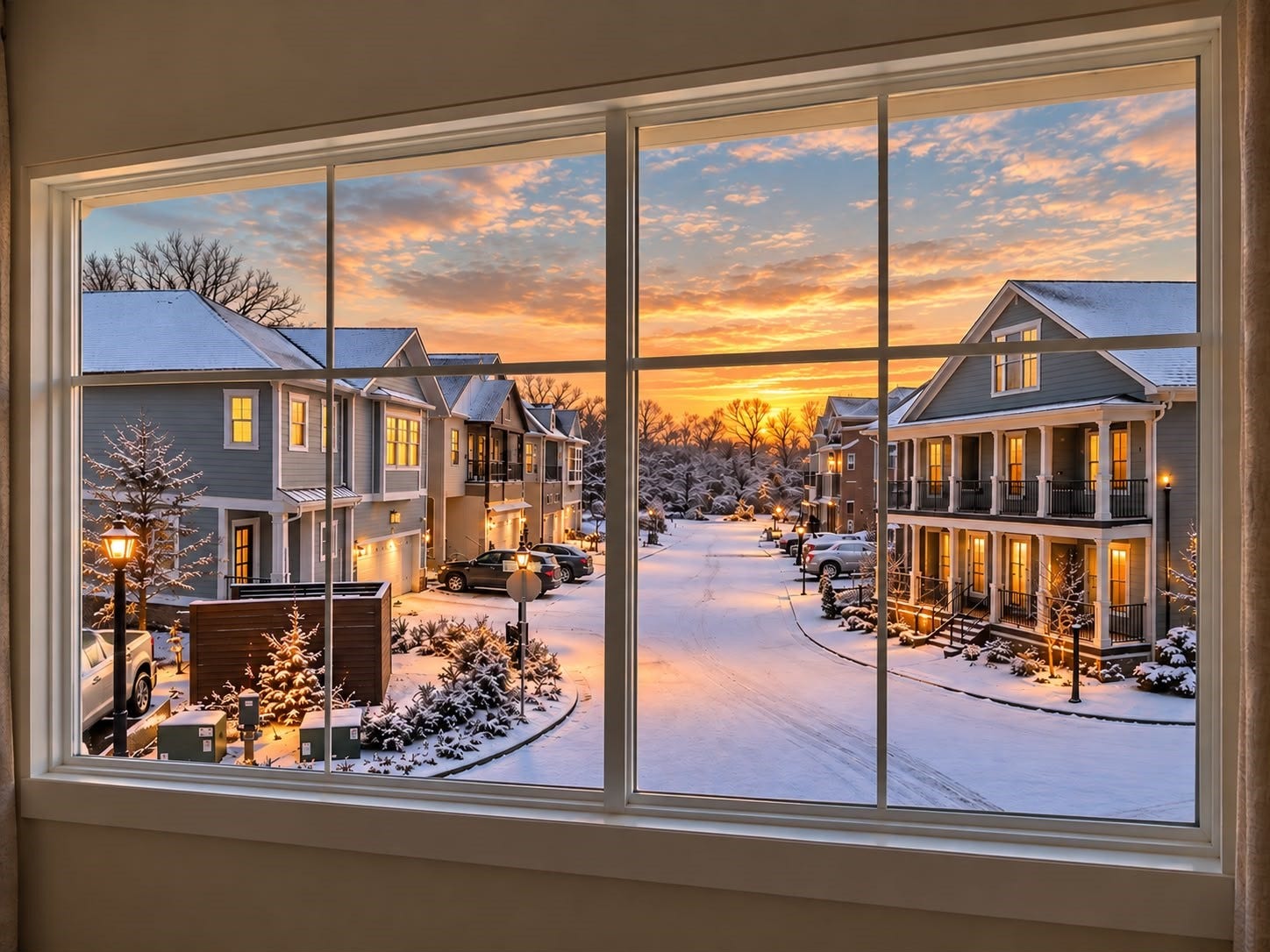 413 Forest Reserve Place, Houston, TX 77079 Winter-inspired neighborhood view through a large picture window, showcasing snow-covered homes, glowing exterior lights, and a stunning sunset sky.
