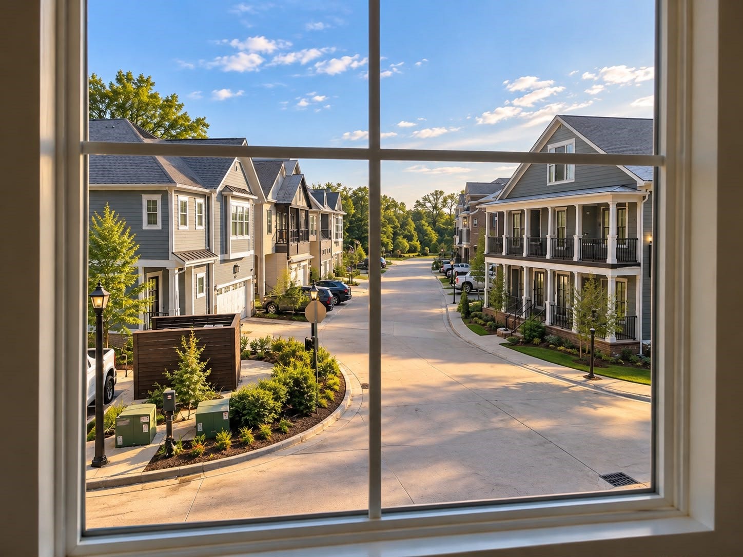 413 Forest Reserve Place, Houston, TX 77079 Scenic neighborhood view through a large window, showcasing attractive homes, landscaped streets, and mature greenery.