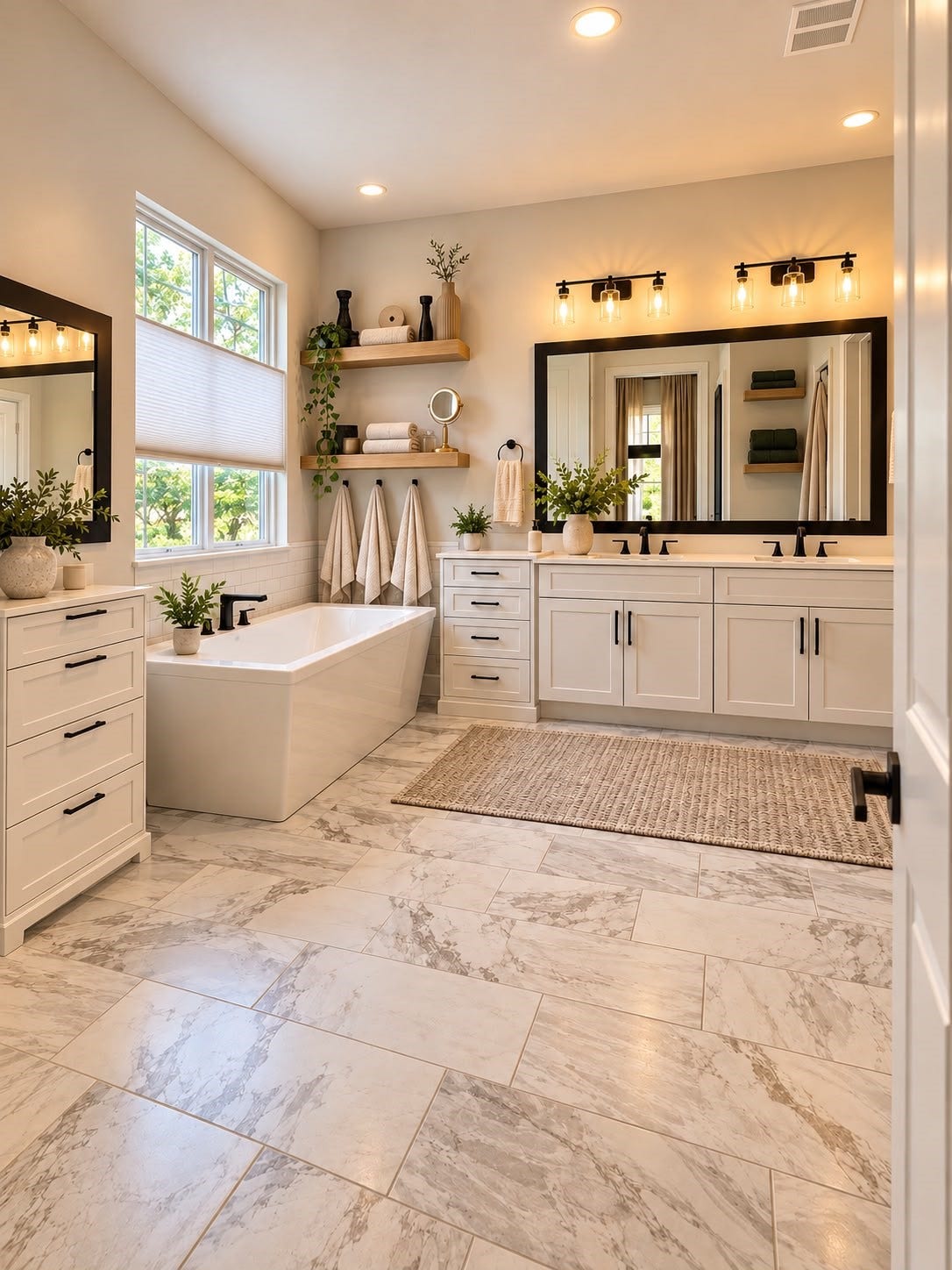 413 Forest Reserve Place, Houston, TX 77079 Bright primary bathroom with an extended double-sink vanity, modern black fixtures, a large framed mirror, and a spacious soaking tub.