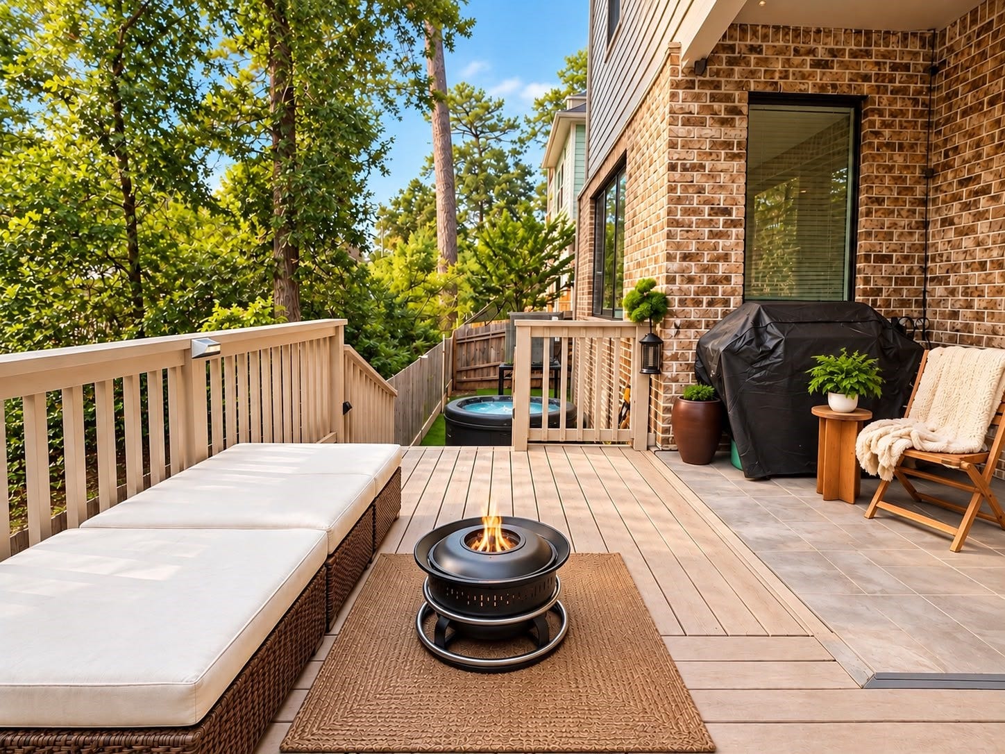 413 Forest Reserve Place, Houston, TX 77079 Private outdoor deck with comfortable lounge seating, a fire pit, and a relaxing backyard setting surrounded by mature trees.