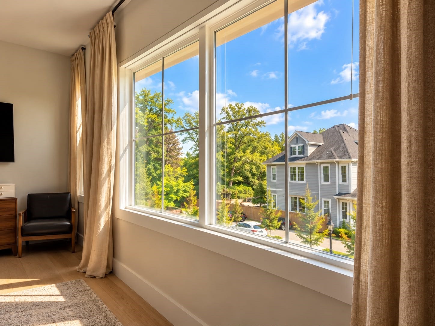 413 Forest Reserve Place, Houston, TX 77079 Bright bedroom with large windows, neutral curtains, and abundant natural light overlooking the surrounding neighborhood.