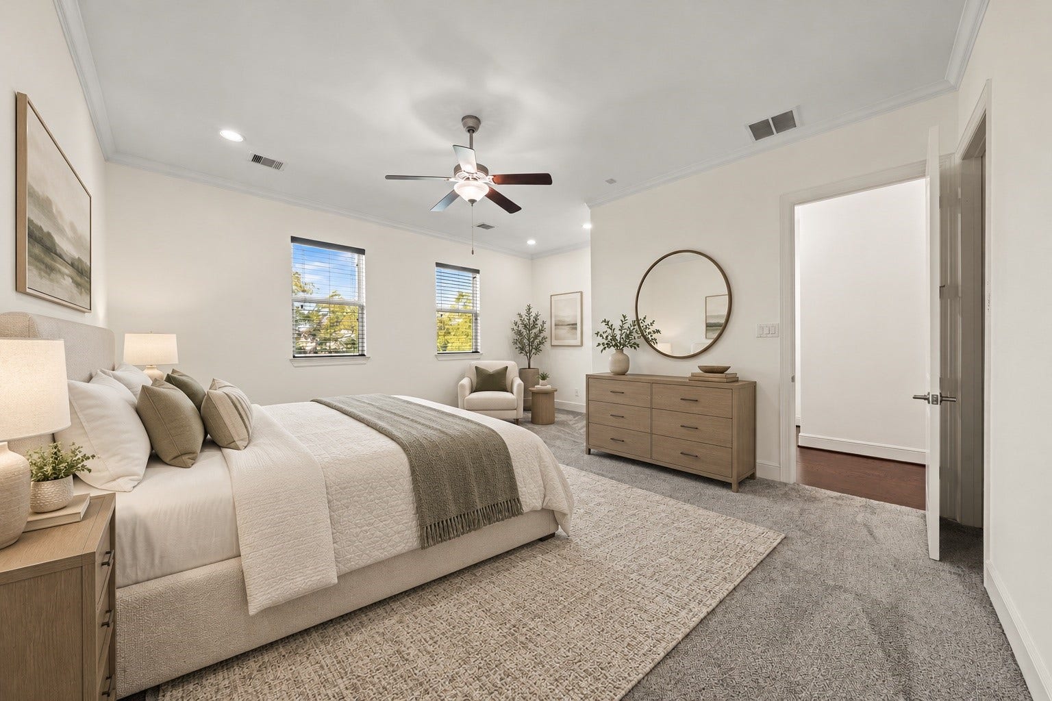 1423 Knox Street, Houston, TX 77007 **Virtually Staged** This secondary bedroom highlights the impressive scale and flexibility of the third-floor bedroom. Its placement near a full bath and game room adds privacy and convenience.