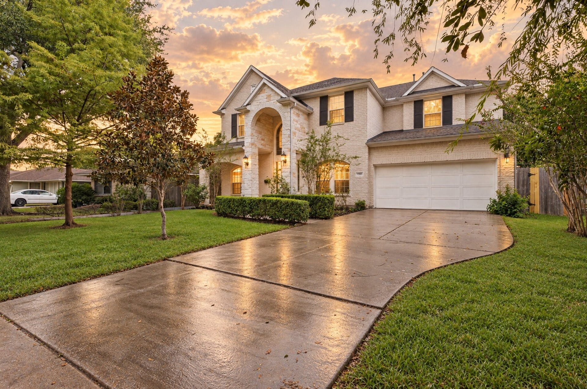 3302 Rochdale Street, Houston, TX 77025 This traditional two story home features a stone accented entry arch, black framed windows, and mature shade trees that add curb appeal and privacy to the front yard. A long driveway, trimmed hedges, and lush landscaping frame the brick exterior, creating a warm, established feel. It's a classic look with plenty of character, set on a quiet street lined with greenery. This image has been virtually edited, for the original photo, please refer to photo 12.