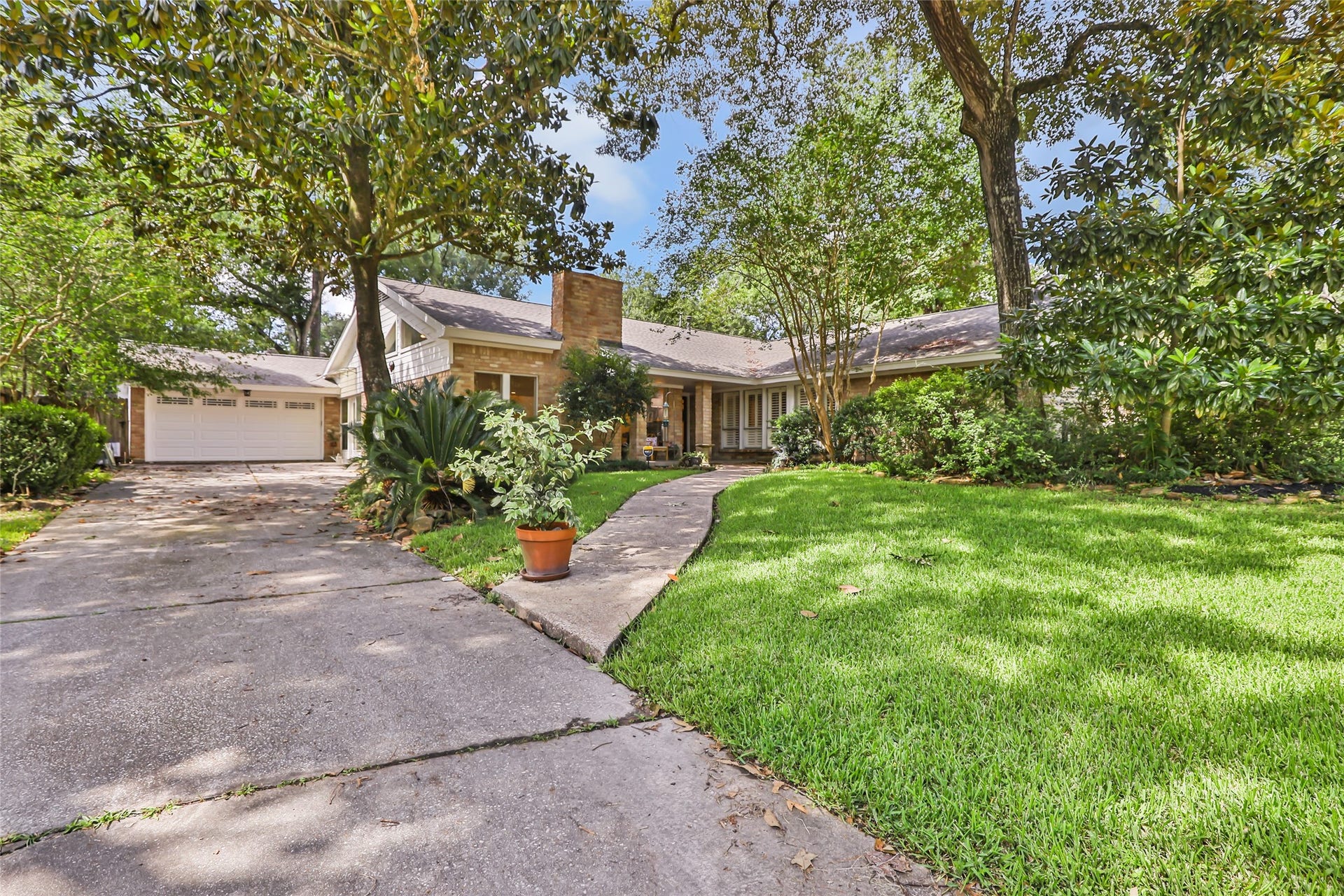 3714 Swift Creek Drive, Kingwood, TX 77339 Charming single-story home nestled among mature trees, featuring a spacious front yard with lush greenery and a winding path leading to the inviting entrance.