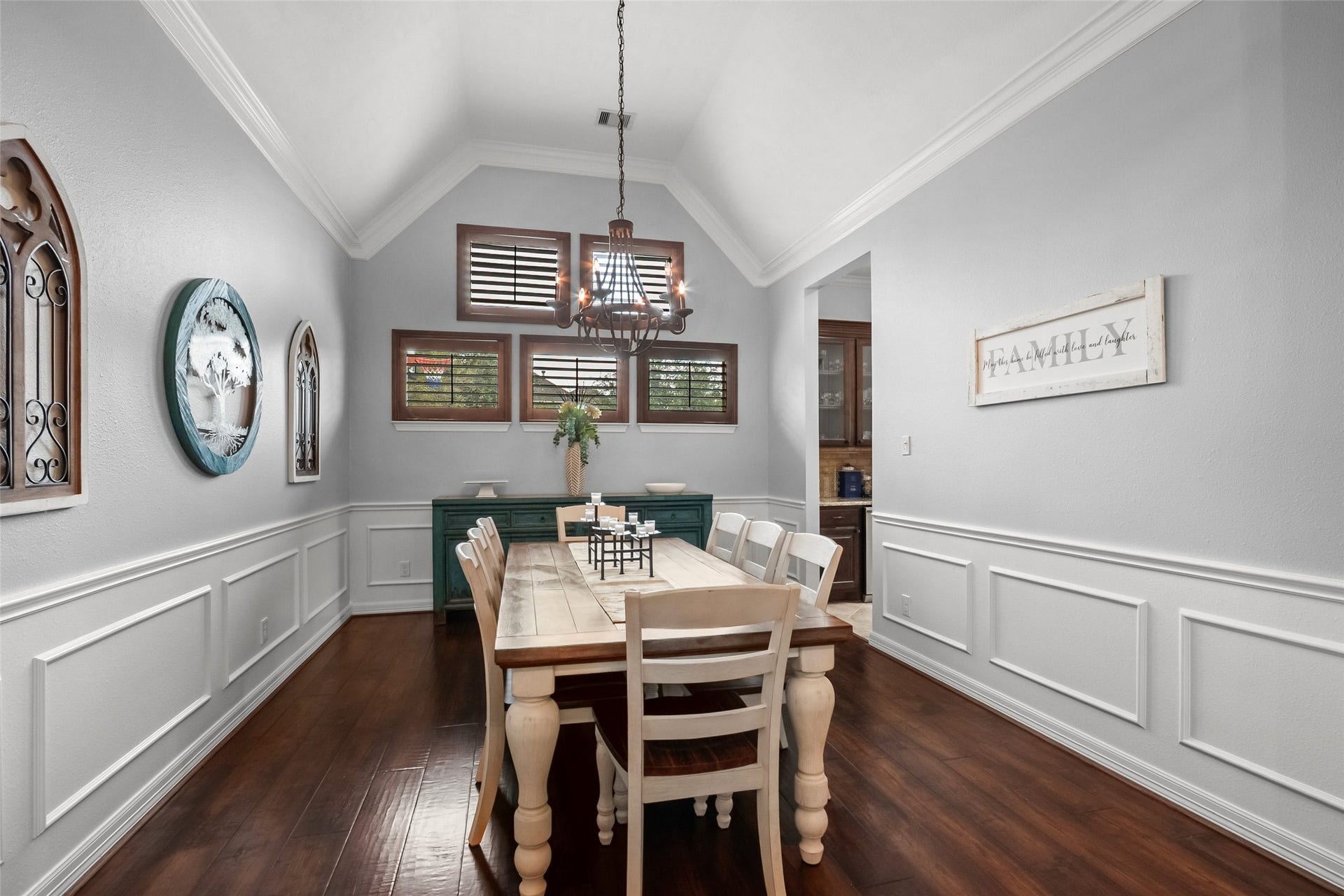 21114 W Kelsey Creek Trail, Cypress, TX 77433 Large dining room with wood flooring, and a coffered ceiling.