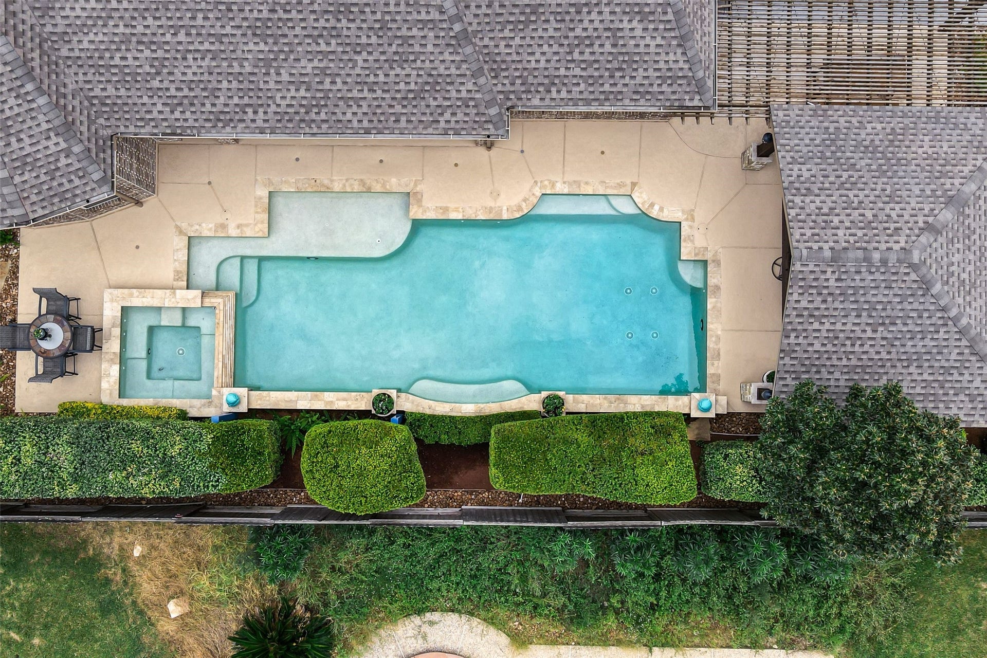 21114 W Kelsey Creek Trail, Cypress, TX 77433 Aerial look at a portion of the backyard gives a great perspective to the pool/spa & pergola.