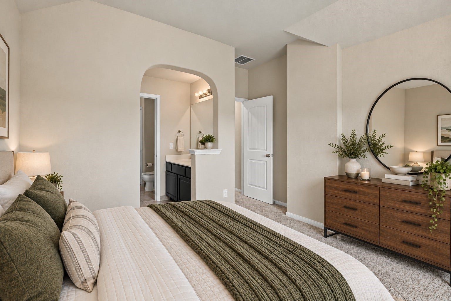 24115 Lake Molveno Drive, Katy, TX 77493 Virtually Staged: Key features include elevated tray ceiling lines, a large natural light window, and plush carpeting underfoot. The versatile footprint allows for flexible furniture arrangements while maintaining a light, open atmosphere.