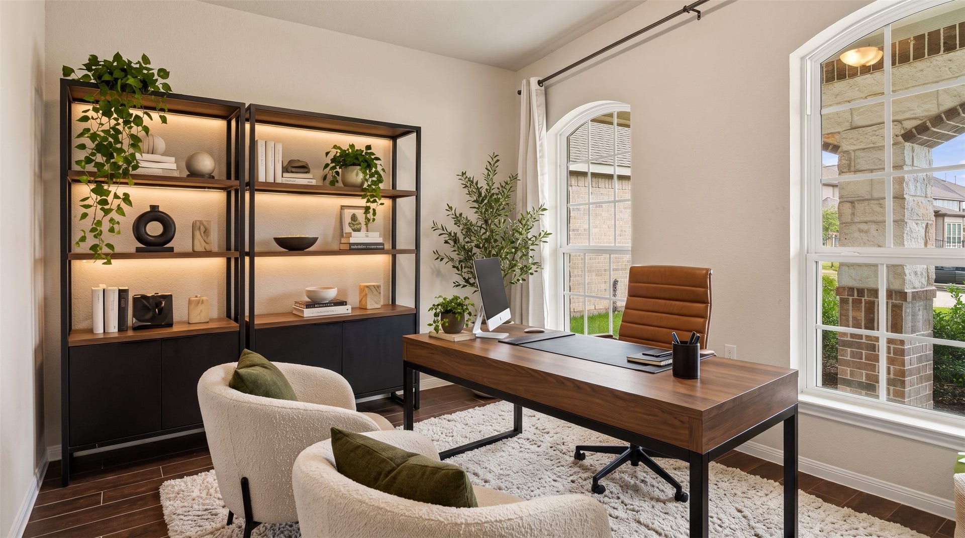 24115 Lake Molveno Drive, Katy, TX 77493 Virtually Staged: This sophisticated home office space features tall, elegant arched windows that fill the room with abundant natural light while offering views of the front masonry porch.