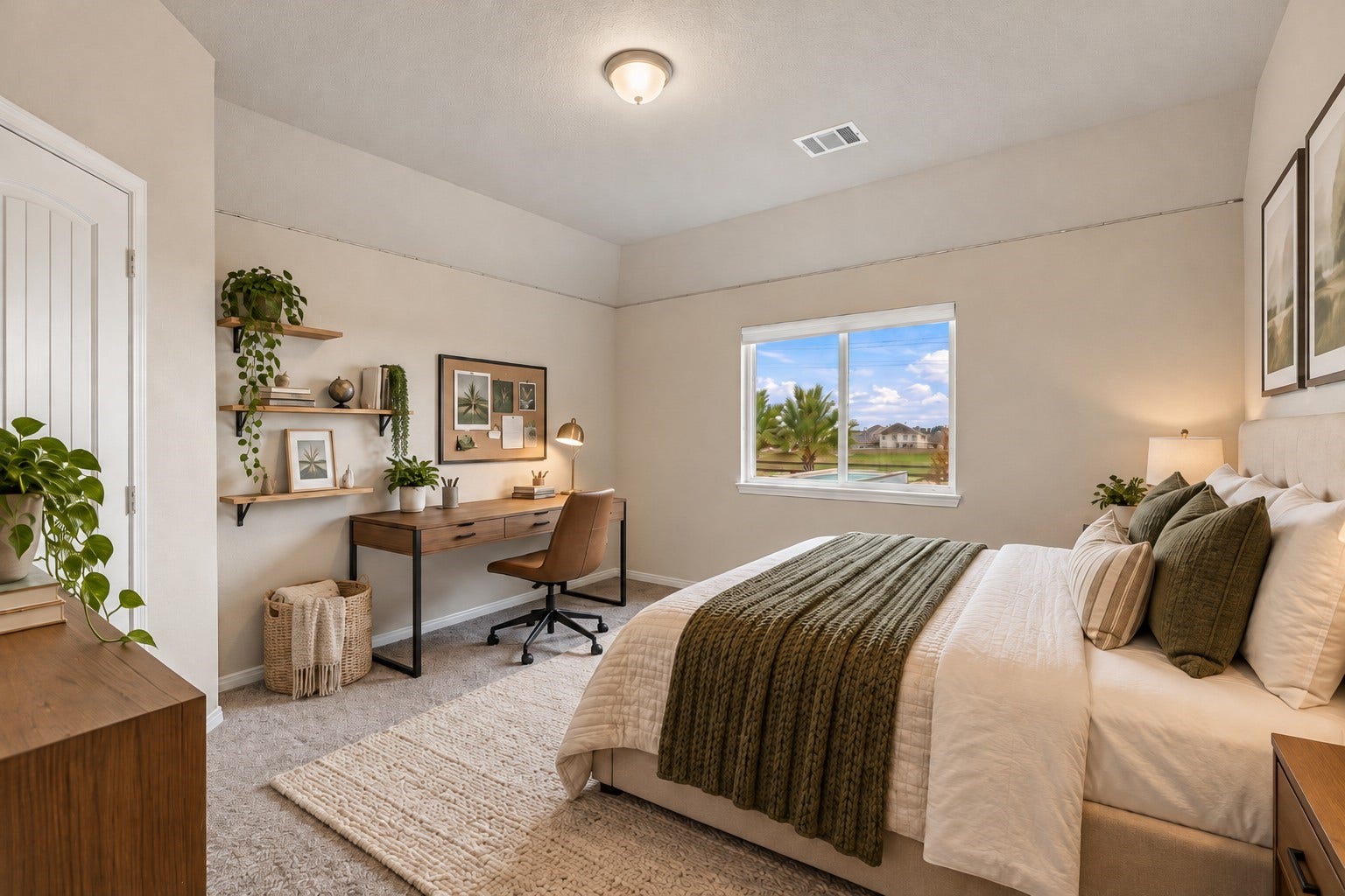 24115 Lake Molveno Drive, Katy, TX 77493 Virtually Staged: This bright guest room highlights elevated tray ceiling architecture and plush carpet flooring. Its spacious footprint easily provides room for a complete bedroom arrangement plus a dedicated home office desk setup.