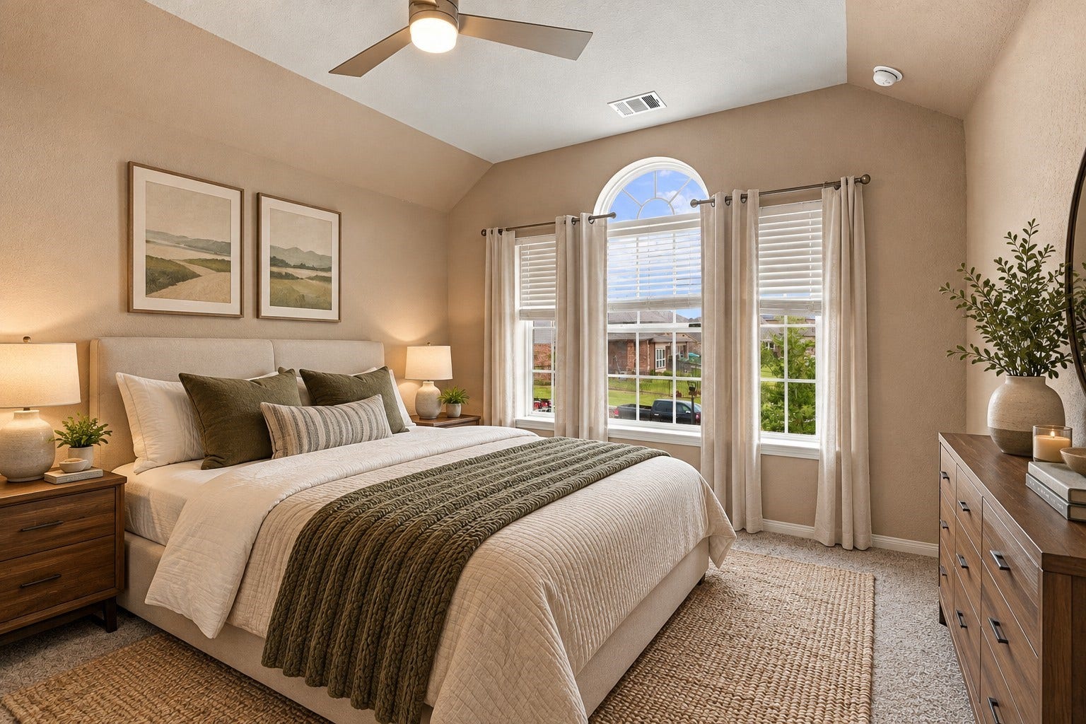 24115 Lake Molveno Drive, Katy, TX 77493 Virtually Staged: This inviting secondary bedroom boasts dramatic vaulted ceilings and a stunning arched window ensemble that fills the room with warm natural light.