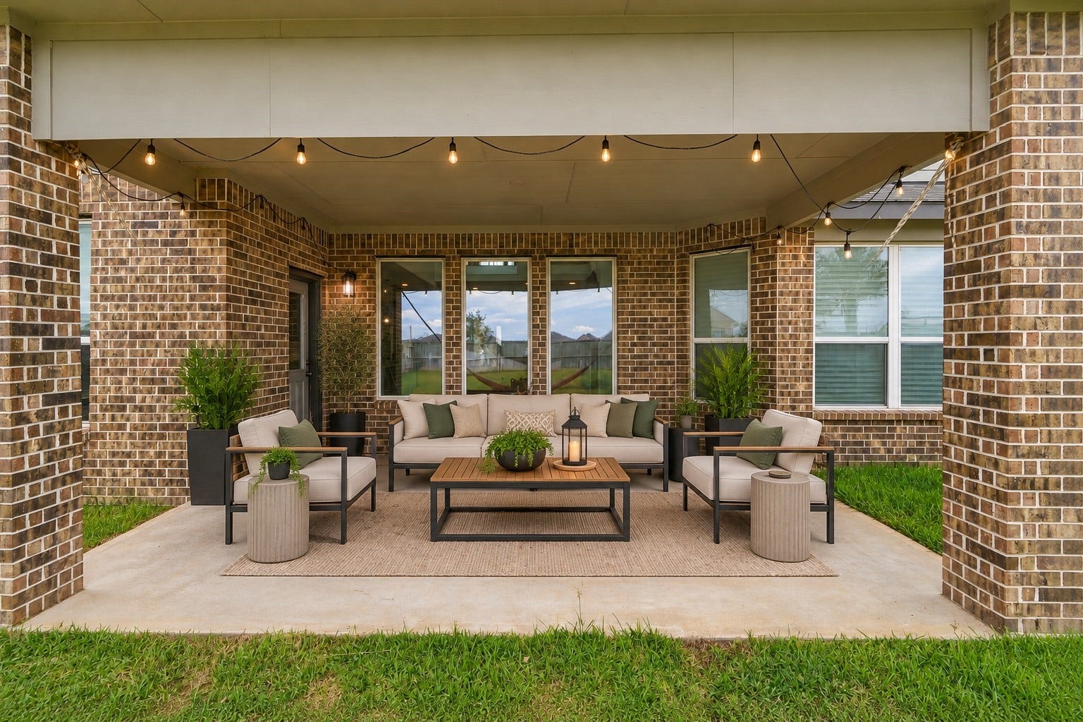 24115 Lake Molveno Drive, Katy, TX 77493 Virtually Staged: Framed by sturdy brick support pillars and a broad concrete slab, this covered back patio offers an exceptional sheltered outdoor living space.