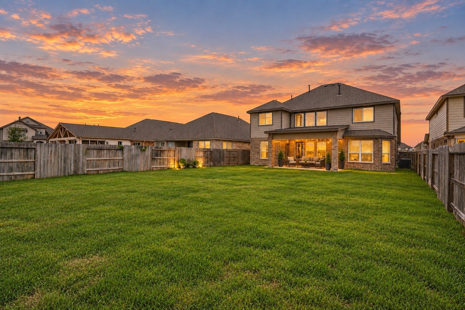 24115 Lake Molveno Drive, Katy, TX 77493 The property highlights a sheltered patio overhang directly off the main living areas and broad window placements along the lower and upper levels.
