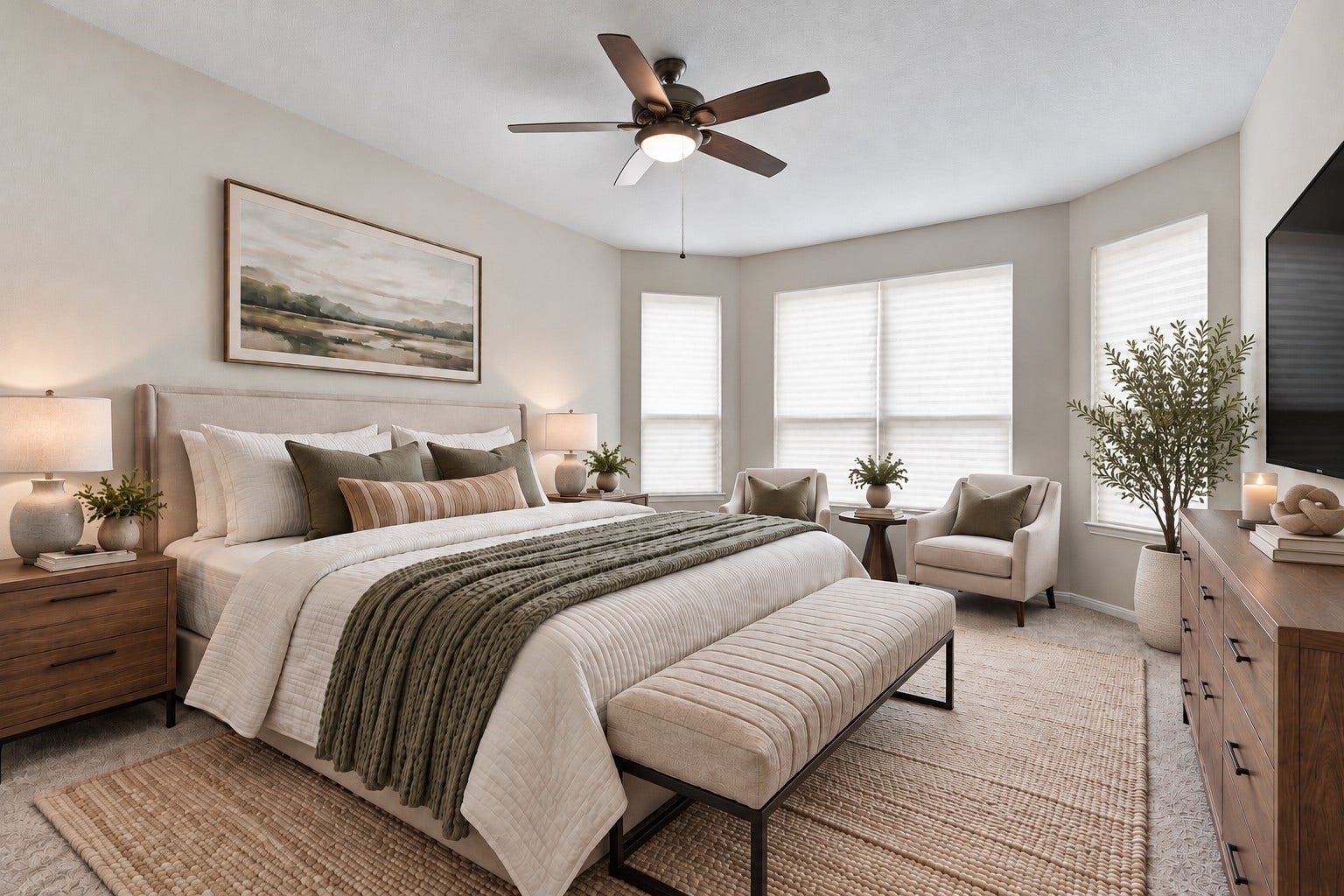 24115 Lake Molveno Drive, Katy, TX 77493 Virtually Staged: Step into a cozy, sun-drenched primary sanctuary that welcomes you with an oversized layout and a charming bay window nook. The expansive space leaves plenty of room for a grand bed setup and a quiet reading corner where you can unwind at the end of the day.