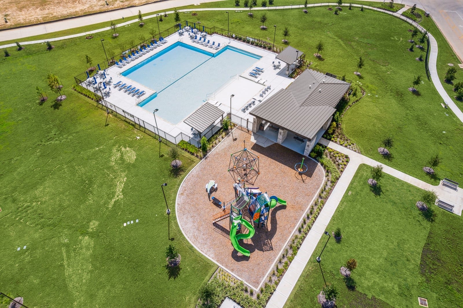 Canopies - Aerial Shot Pool + Playground - Amenity Photography - Risewell Homes
