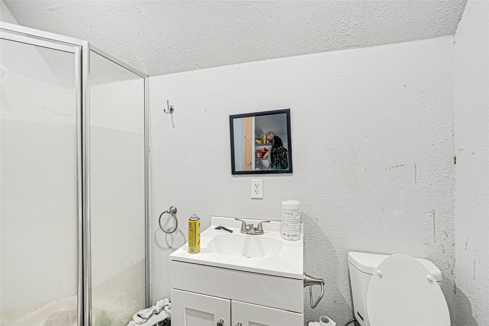 121 Patterson Road, #CR814, Brazoria, TX 77422 Compact bathroom featuring a corner shower with glass doors, a vanity with storage, and a wall-mounted mirror.