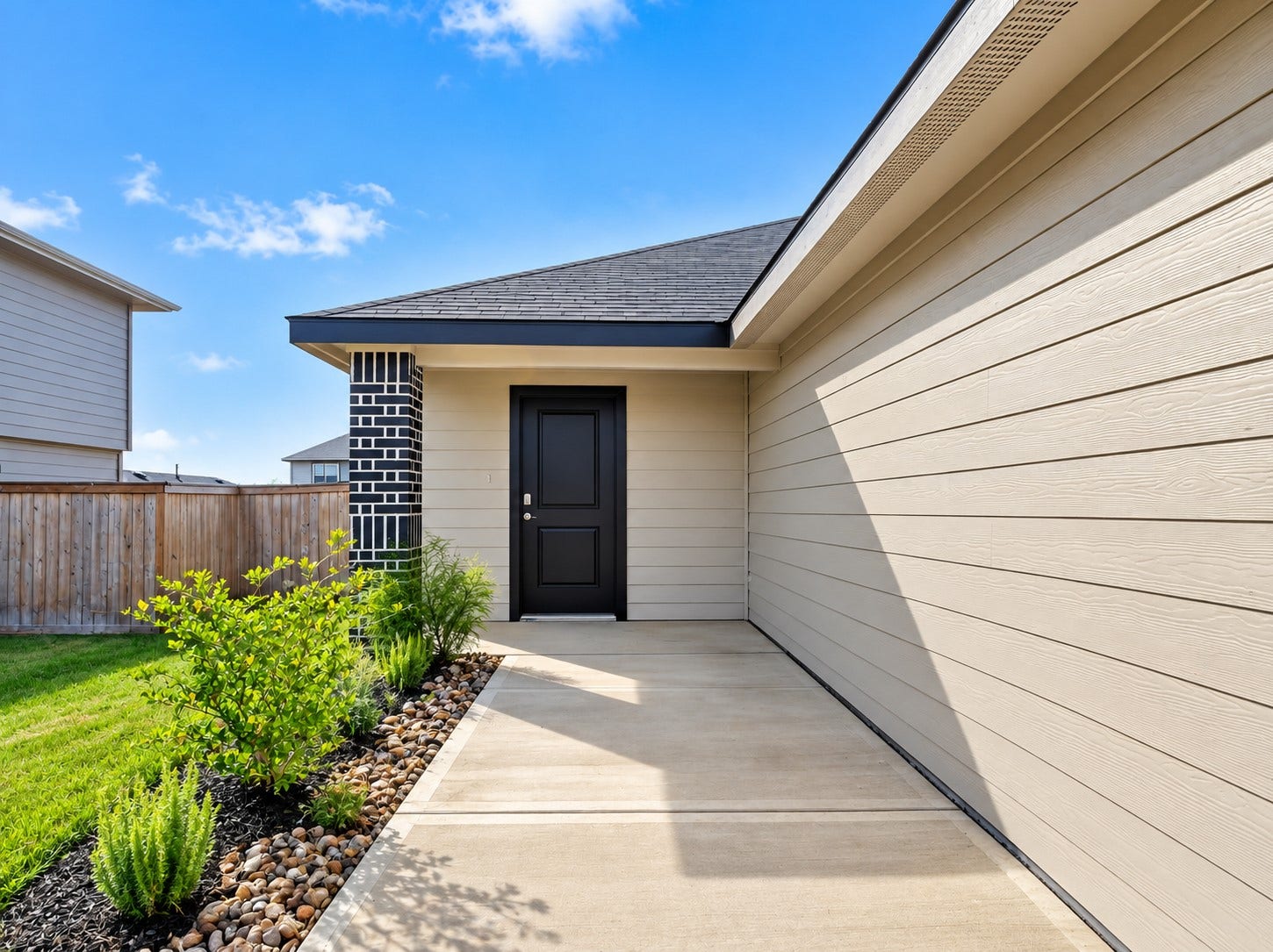 The paved walkway leading to the front door is surrounded by manicured landscaping.