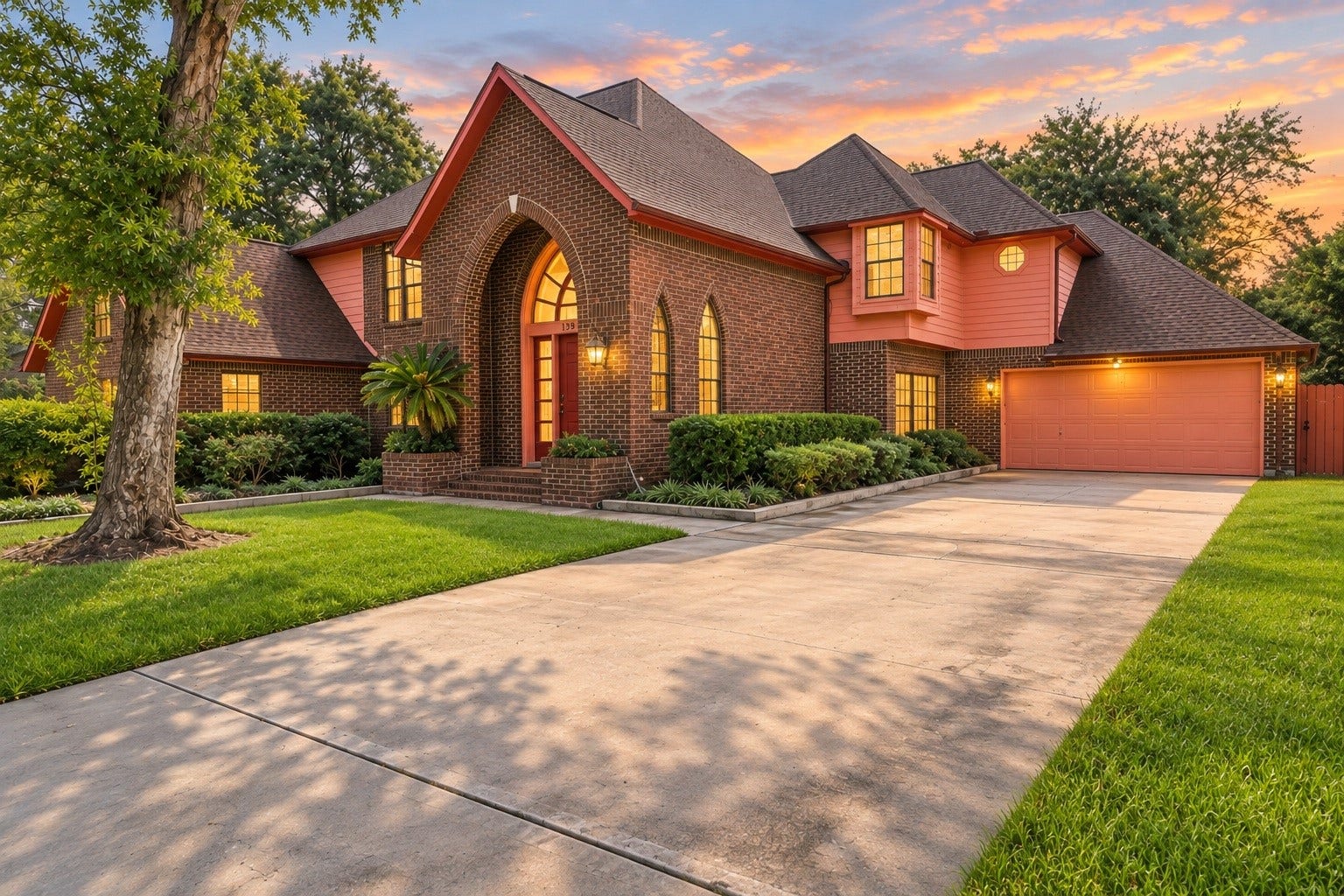 A captivating property with unforgettable curb appeal! Features grand arched architectural details, an expansive front driveway, integrated garage, and a lush, tree-shaded front yard.