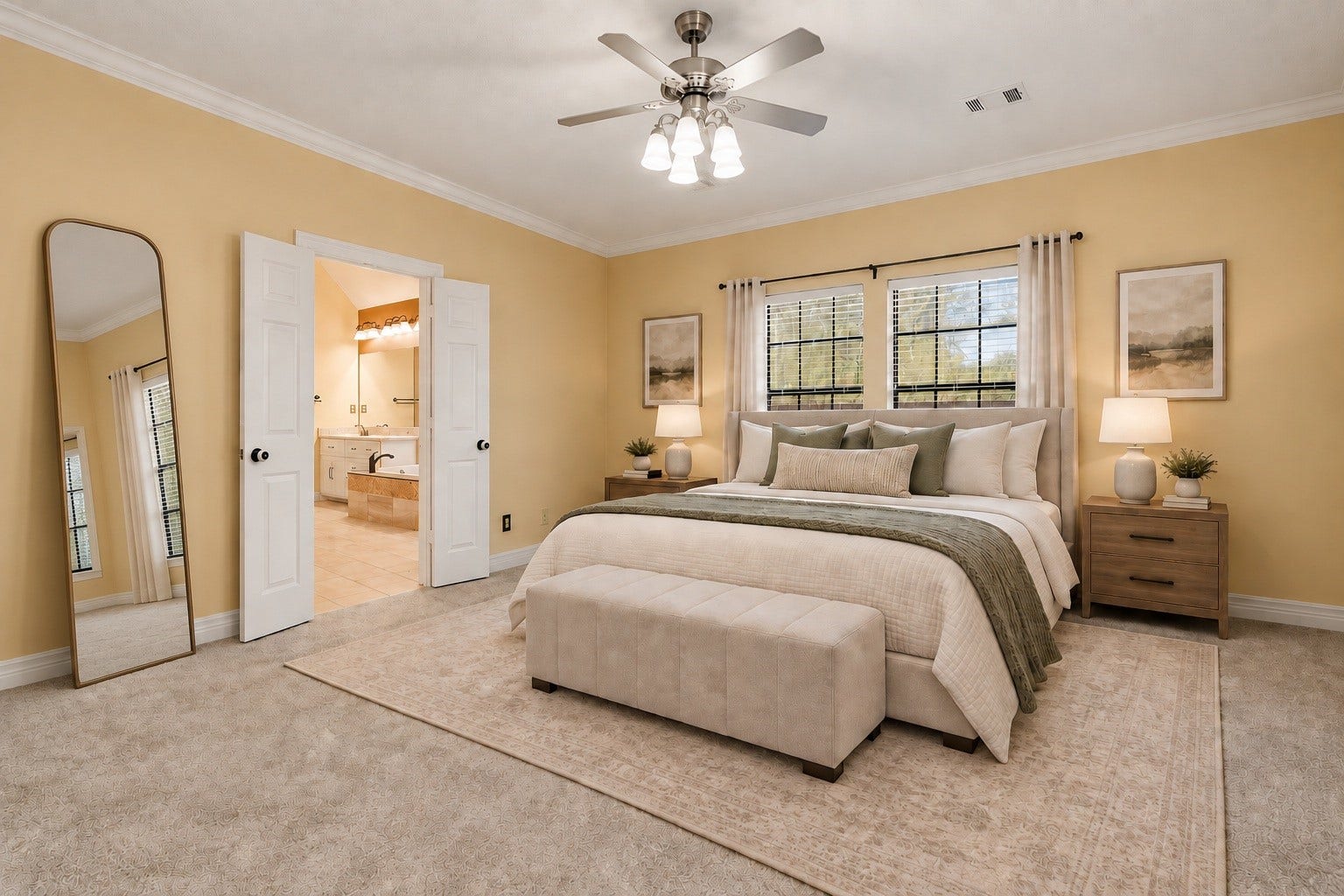 Virtually Staged: Expansive primary suite showcasing a gracious, light-filled layout. Details include crisp white crown molding and baseboards, carpeted flooring, double-door access into the primary bath.