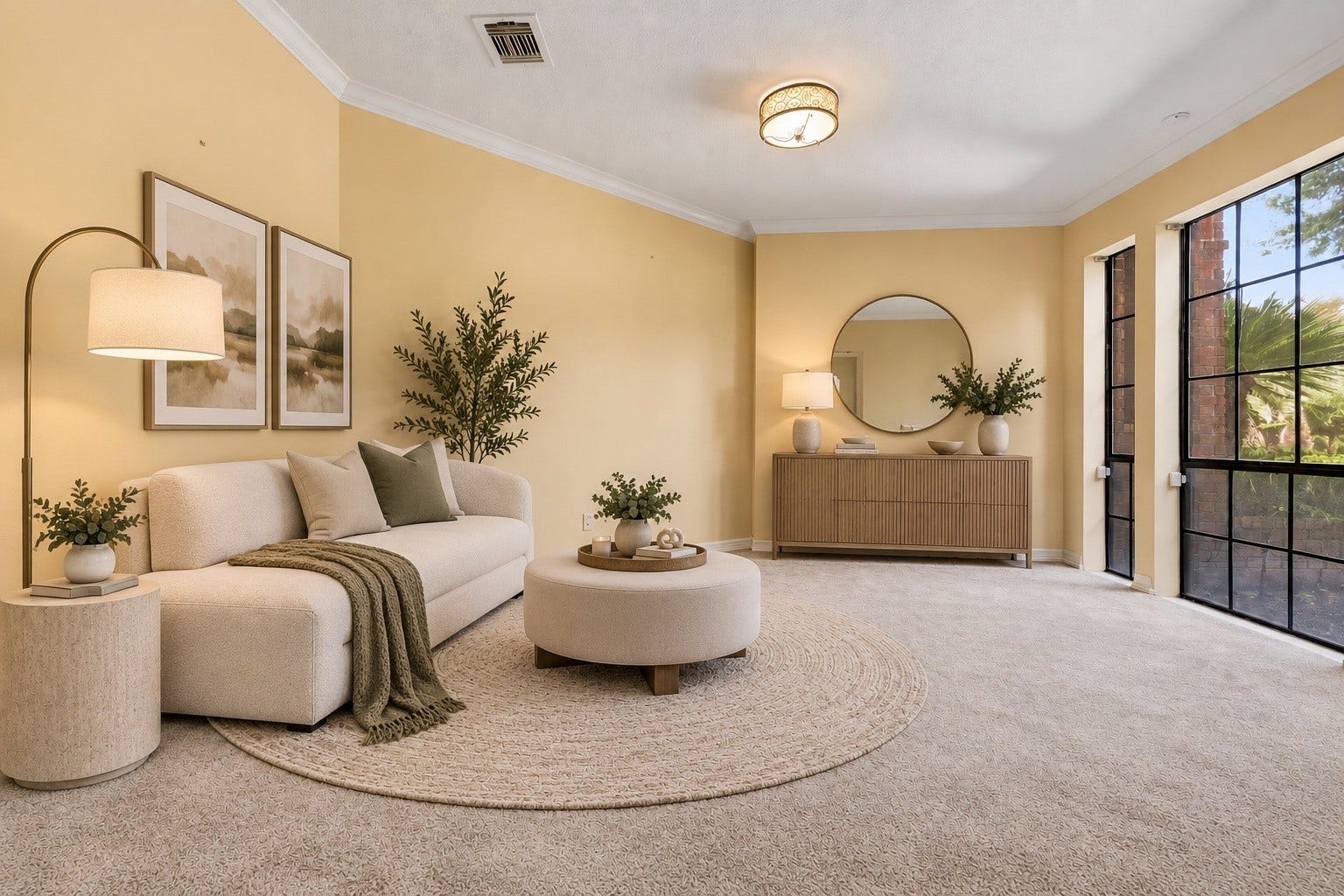 Virtually Staged: Floor-to-ceiling multi-pane windows fill the space with natural light, perfect for a cozy reading nook, home office, or lounge space.