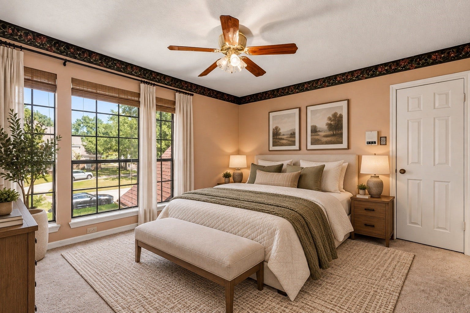 Virtually Staged: Sunlit secondary bedroom featuring a wall of tall multi-pane windows providing natural light and outdoor views. Includes carpeted flooring, a wooden ceiling fan with light fixture.