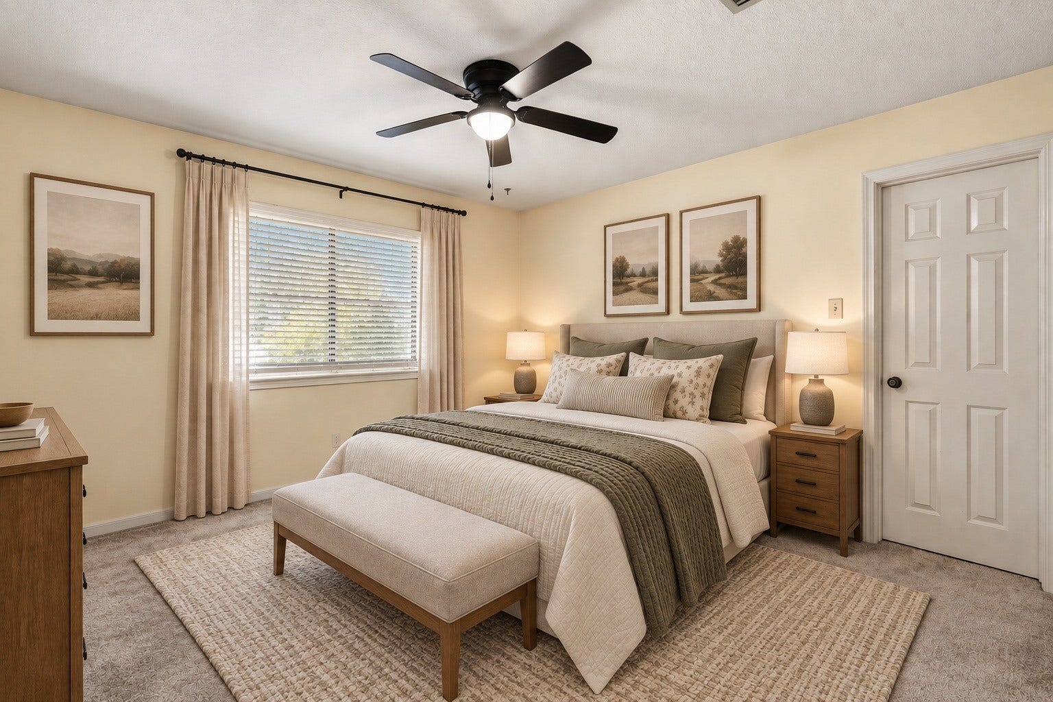 Virtually Staged: Versatile secondary bedroom with soft carpeting, a ceiling fan, a large window providing natural light, and plenty of space for family, guests, or a dedicated home office.