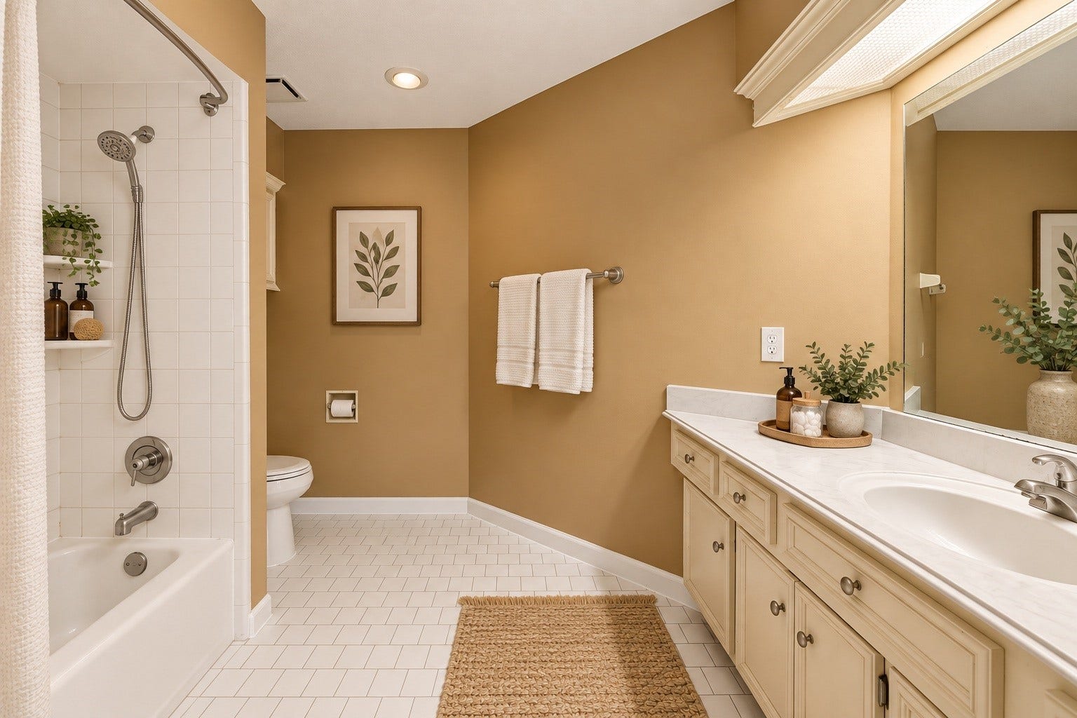 Virtually Staged: Bright and generous secondary full bath! Outfitted with a long vanity featuring abundant storage, a tub/shower combination, white tiled floors, and plenty of space for family or guests.