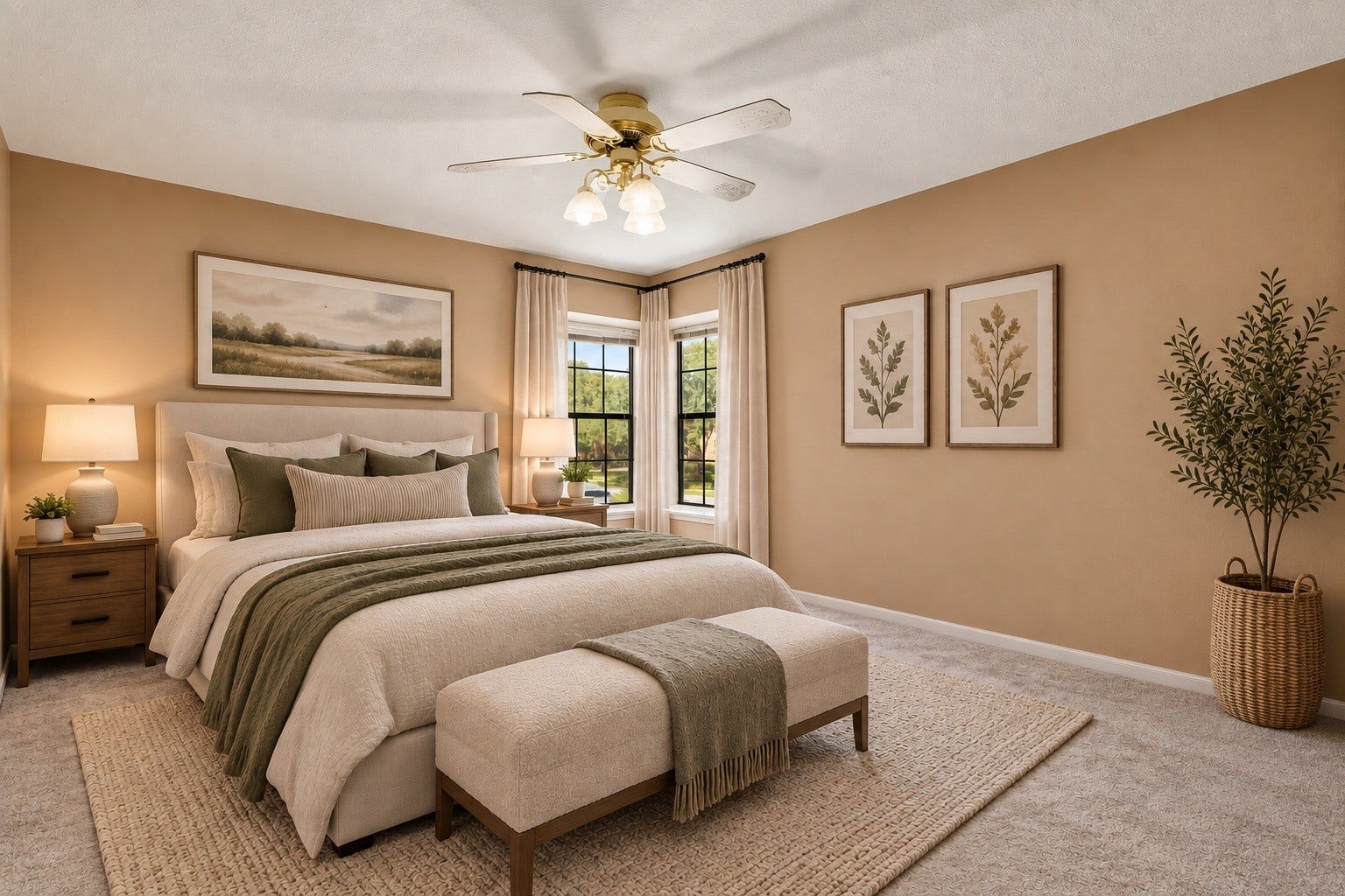 Virtually Staged: Bright secondary bedroom highlighting a unique corner window arrangement overlooking the front yard. Includes soft carpeted flooring, white baseboard trim, and a ceiling fan with light fixture.
