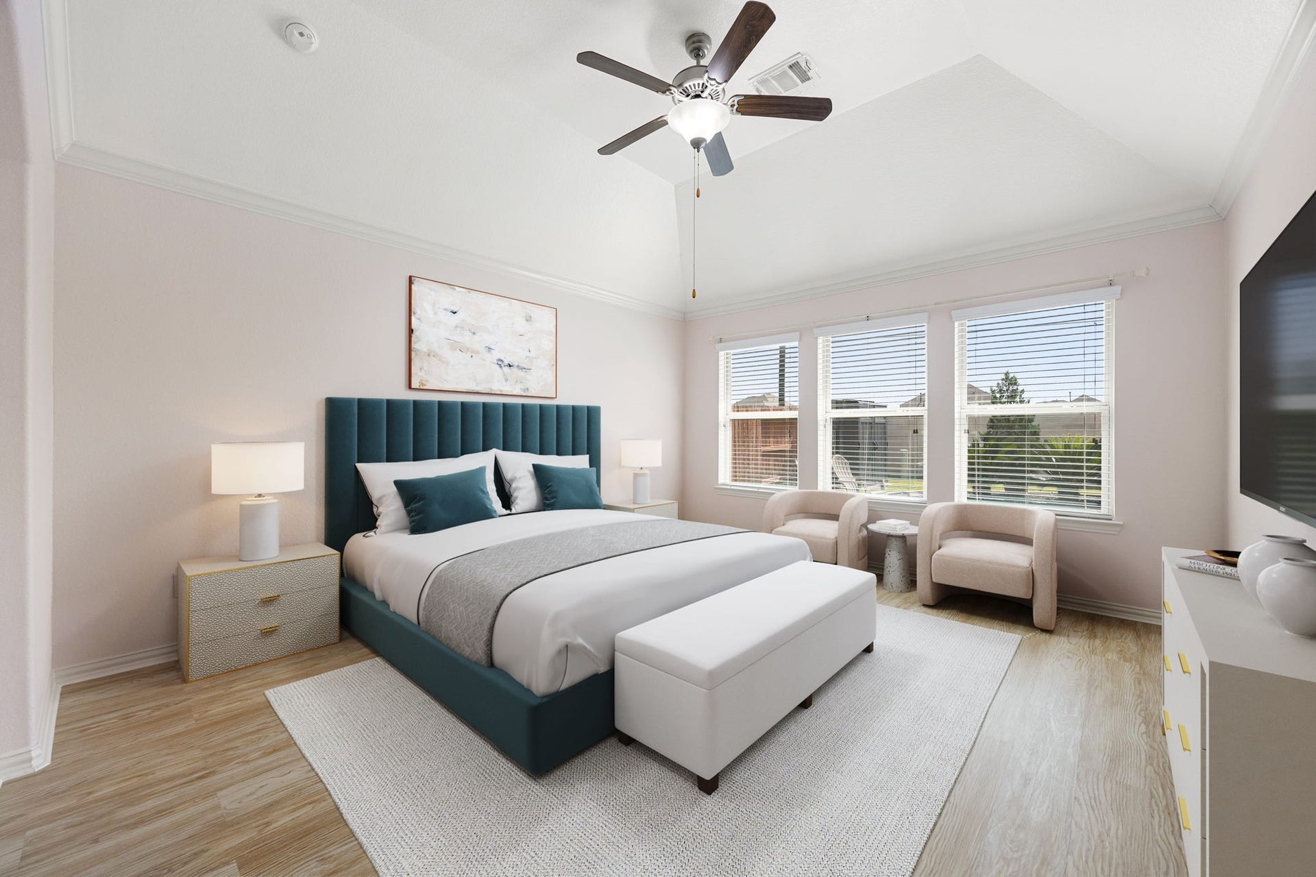 The peaceful primary bedroom suite serves as a true retreat, boasting a soaring tray ceiling with elegant crown molding, durable wood-look flooring, and a triple-window configuration that offers relaxing views of the backyard. *Virtually Staged
