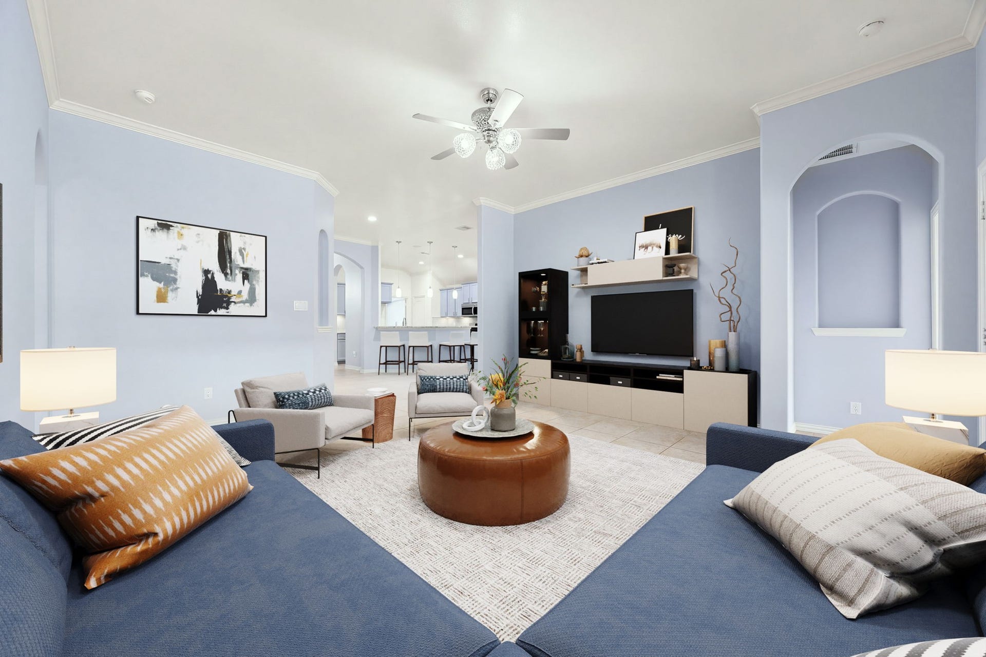 Perfect for entertaining! This perspective highlights the generous wall space for an entertainment center, crown molding details, and the seamless transition between living spaces. *Virtually Staged