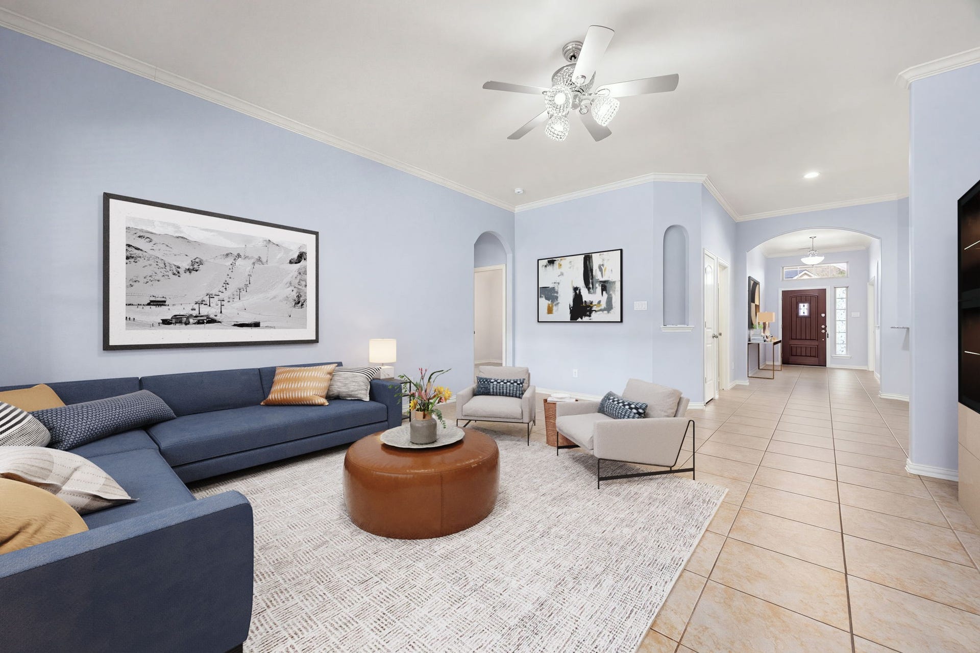 An expansive view looking back toward the foyer, highlighting the wide, welcoming hallway and the effortless connection between the entrance and the main living hub. *Virtually Staged