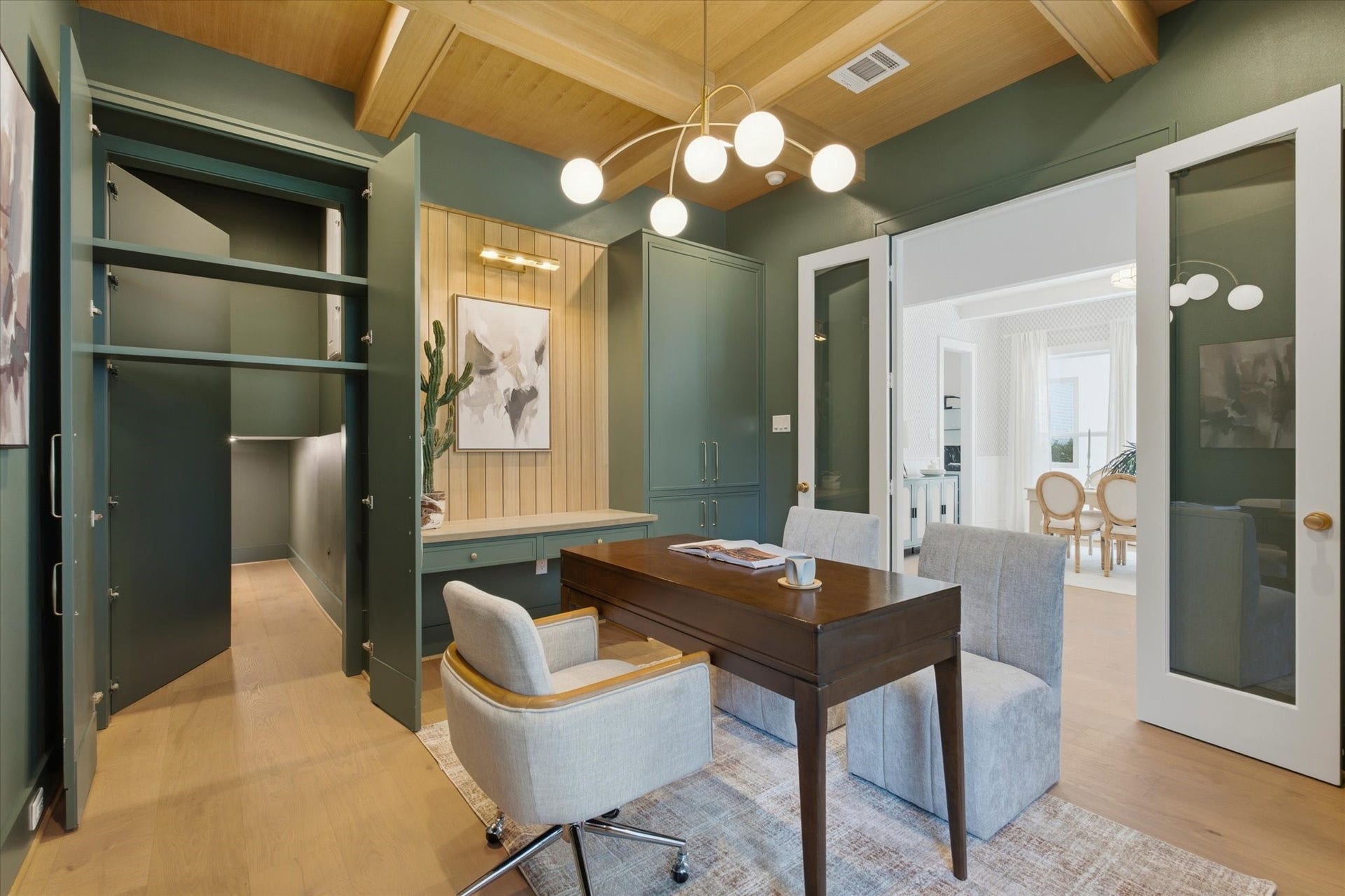 A concealed secret room, seamlessly hidden in plain sight within the front office.