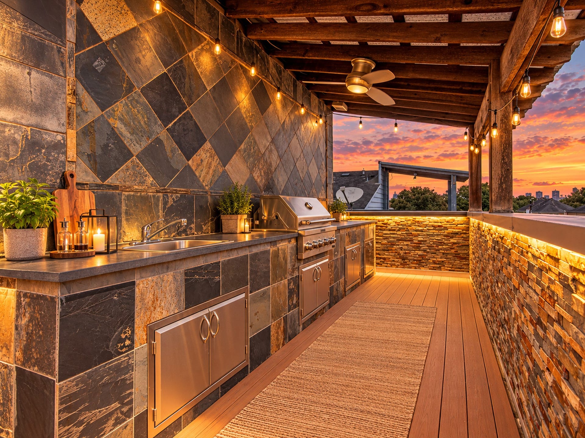 2025 Colquitt Street, #E, Houston, TX 77098 Covered rooftop outdoor kitchen featuring a built-in grill, generous counter space, and warm accent lighting.