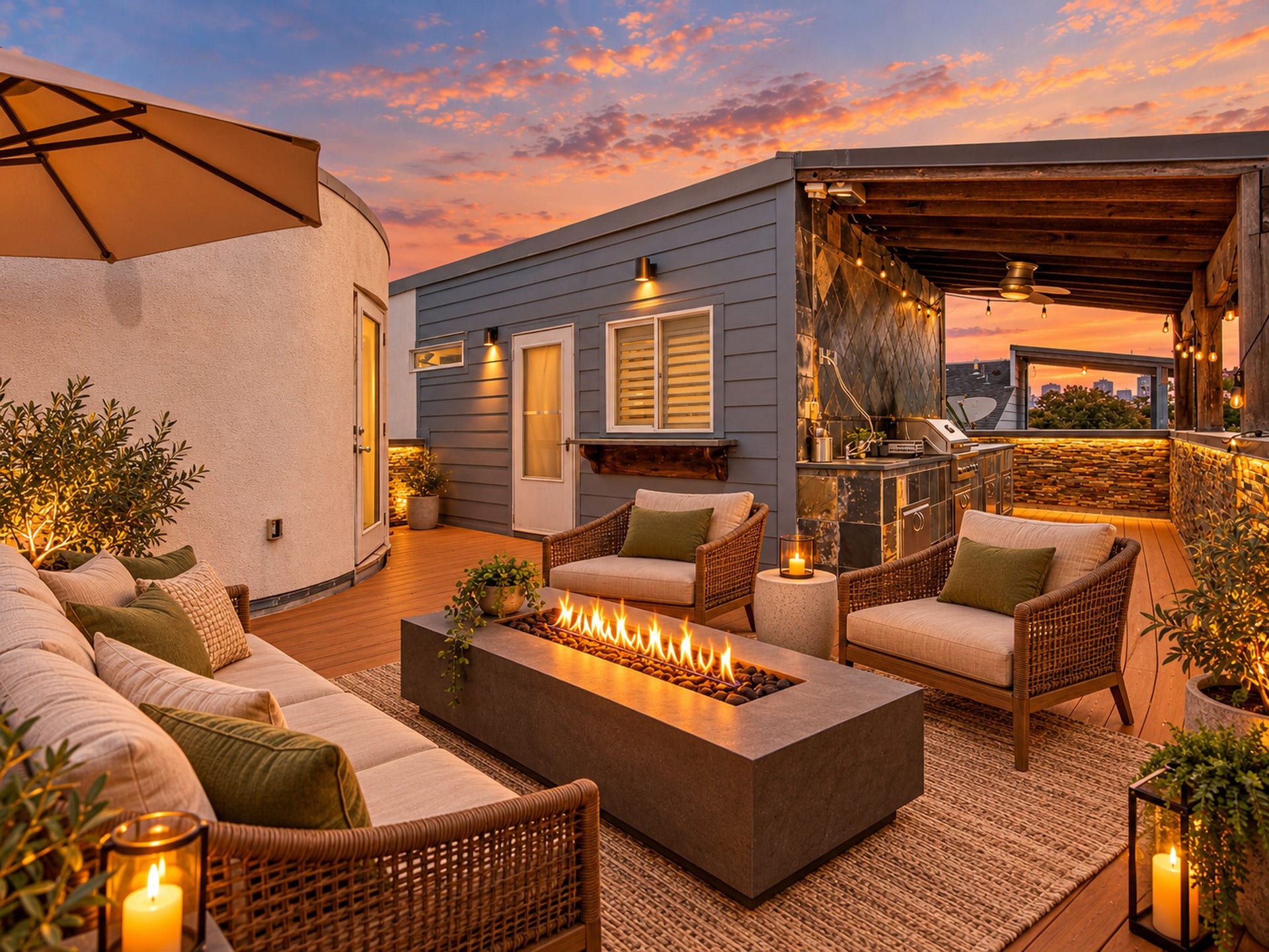 2025 Colquitt Street, #E, Houston, TX 77098 Rooftop terrace with space for outdoor lounging and entertaining beside the covered outdoor kitchen.