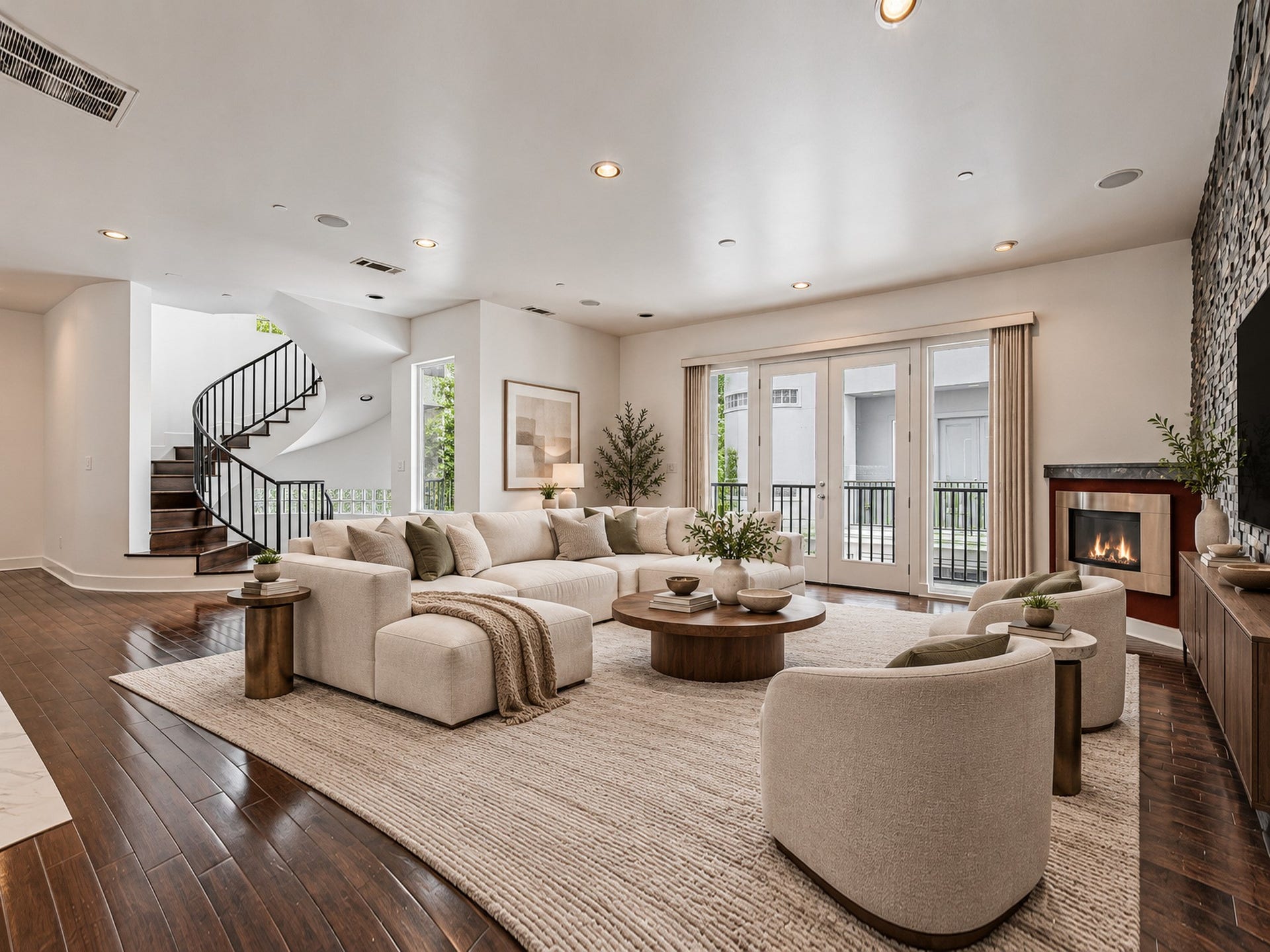 2025 Colquitt Street, #E, Houston, TX 77098 Another view of the living room highlighting the fireplace, tall windows, and sculptural staircase.