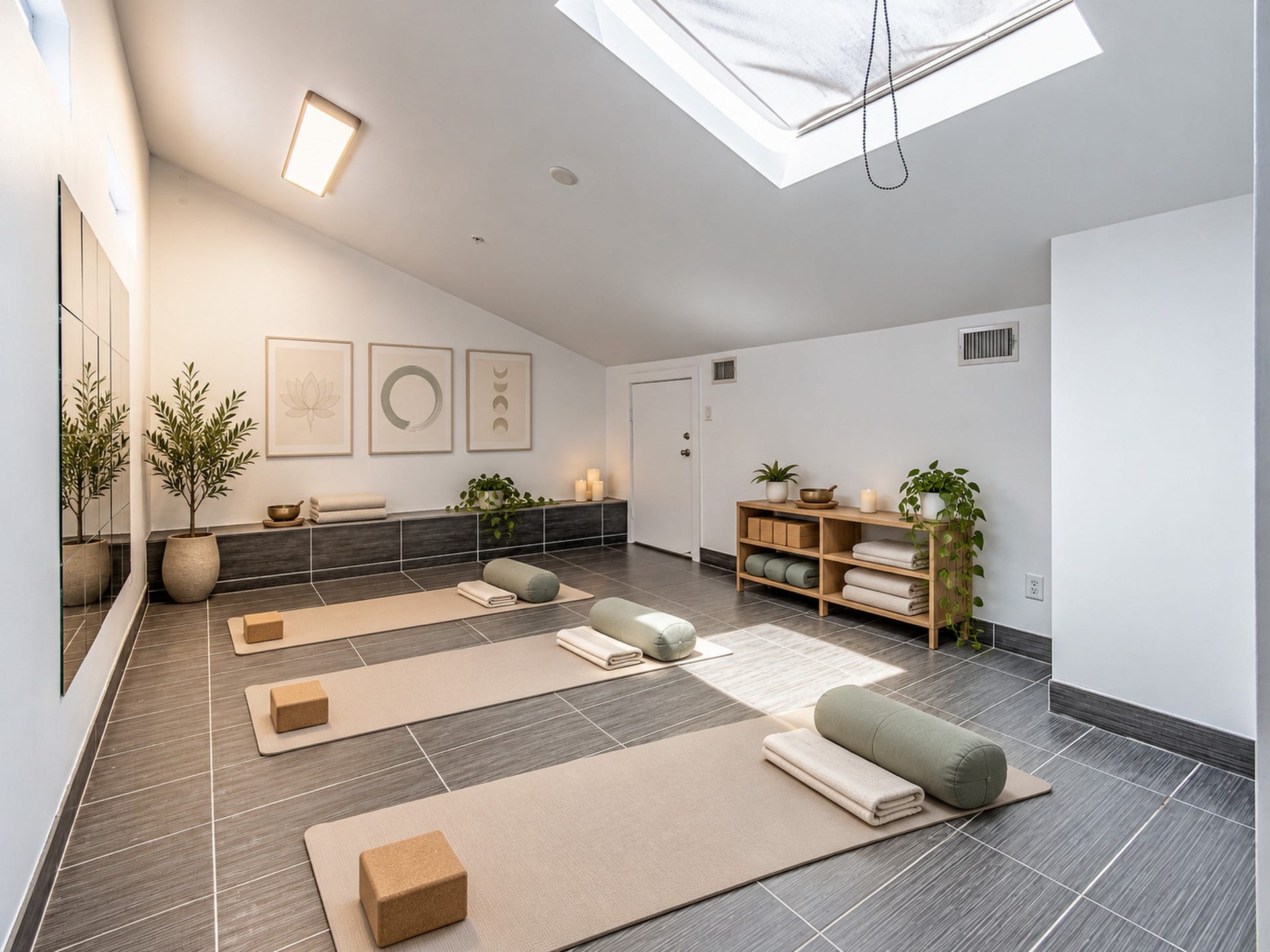 2025 Colquitt Street, #E, Houston, TX 77098 Versatile flex space shown as a wellness studio, featuring a skylight and room for exercise or creative activities.