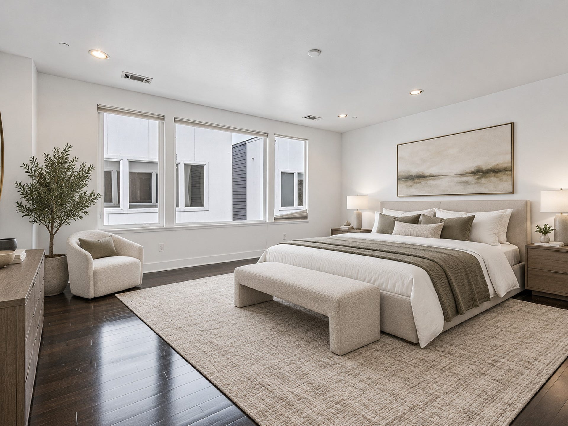 2025 Colquitt Street, #E, Houston, TX 77098 Bright primary bedroom featuring a generous window-lined wall, dark wood flooring, and space for a sitting area.
