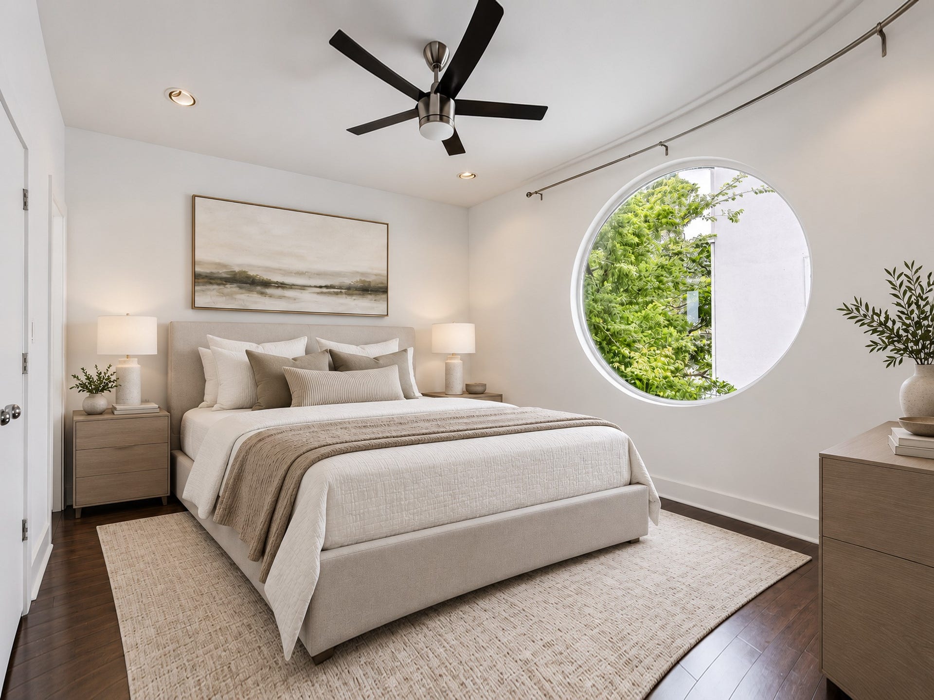 2025 Colquitt Street, #E, Houston, TX 77098 Secondary bedroom featuring a signature circular window, dark wood flooring, and a contemporary ceiling fan.