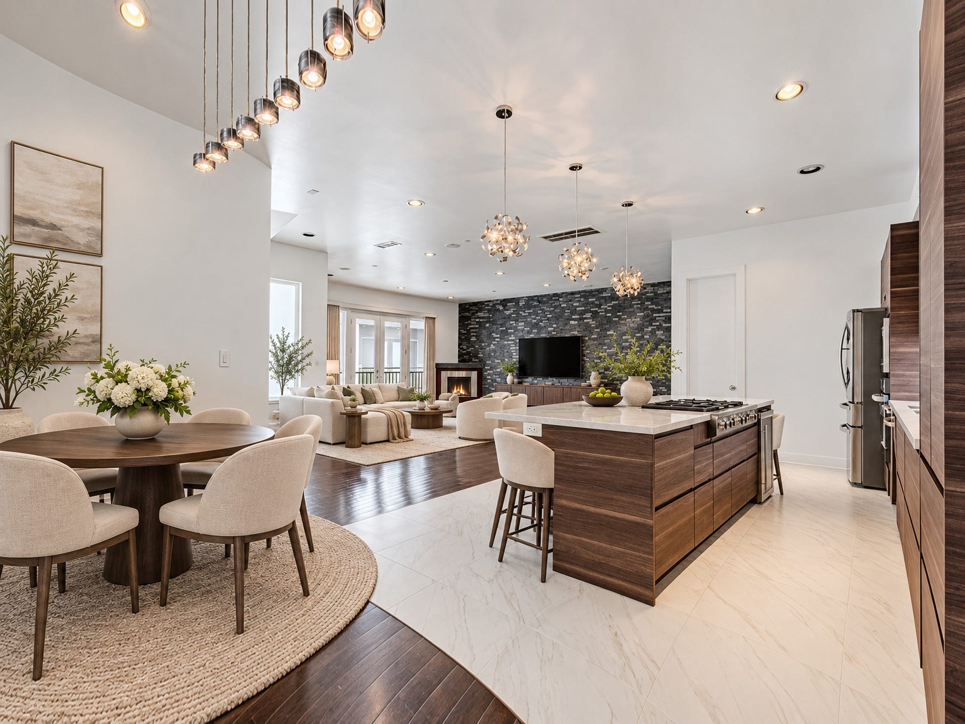 2025 Colquitt Street, #E, Houston, TX 77098 Open kitchen and dining area flowing into the living room, creating a connected setting for everyday living and entertaining.