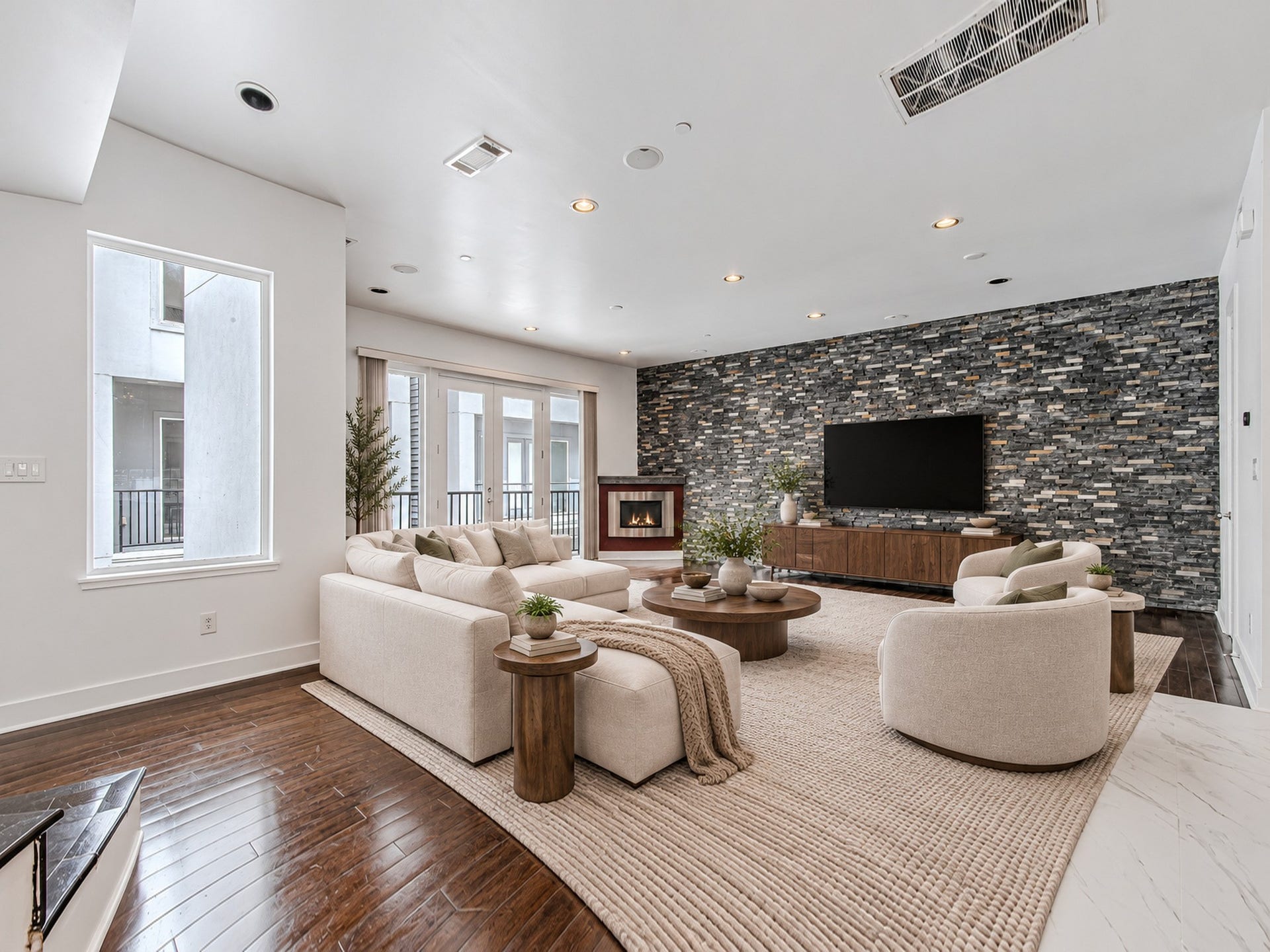 2025 Colquitt Street, #E, Houston, TX 77098 Spacious living room featuring a textured accent wall, dark wood flooring, and abundant natural light.