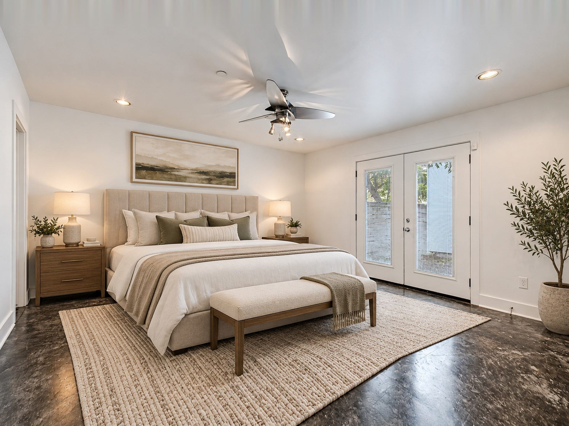 2025 Colquitt Street, #E, Houston, TX 77098 Inviting bedroom with dark wood flooring, recessed lighting, and glass-paneled doors that brighten the space.