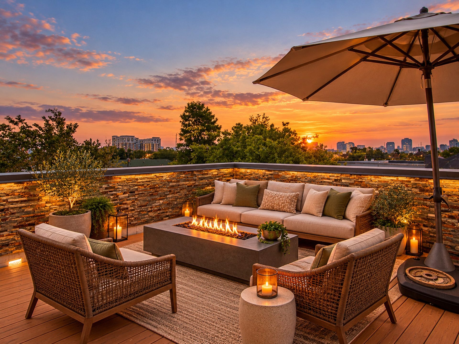 2025 Colquitt Street, #E, Houston, TX 77098 Open-air rooftop seating area framed by stone walls, with elevated views and a colorful sunset backdrop.