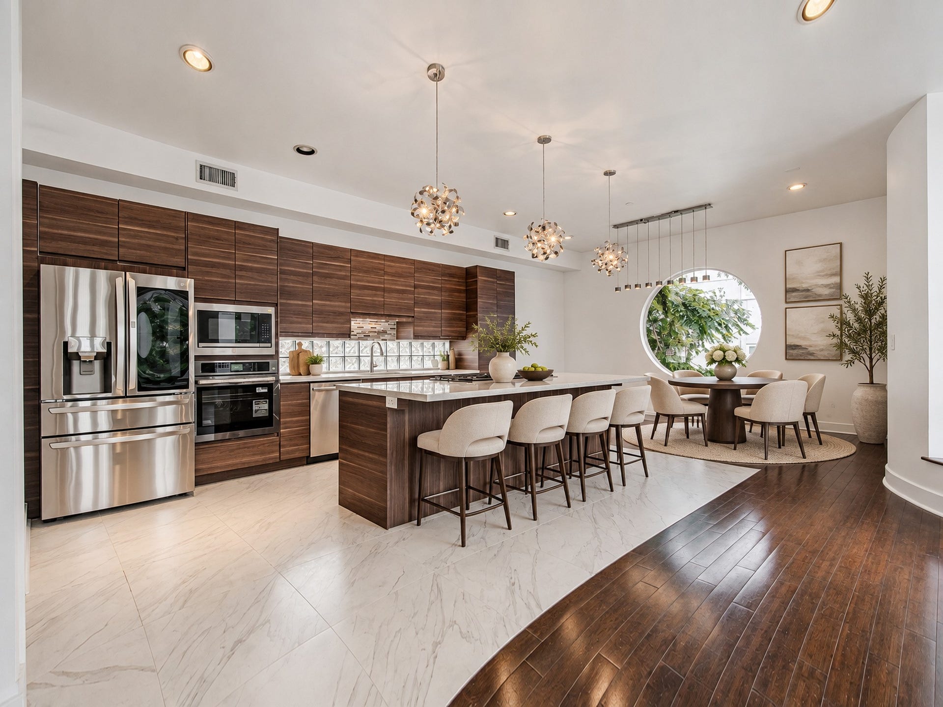 2025 Colquitt Street, #E, Houston, TX 77098 Open kitchen featuring a large island with seating, wood cabinetry, stainless steel appliances, and a circular window beside the dining area.