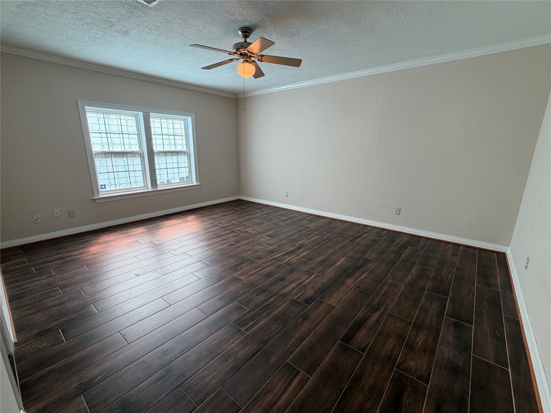 The primary bedroom is large with the same vinyl plank flooring throughout the first floor.