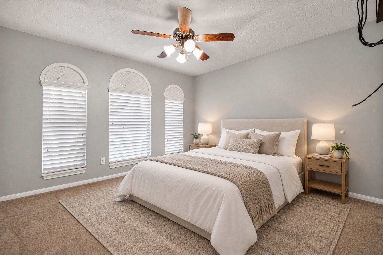 Virtually staged secondary bedroom showcases three arched windows with white blinds, a ceiling fan, neutral walls, and carpeted flooring.