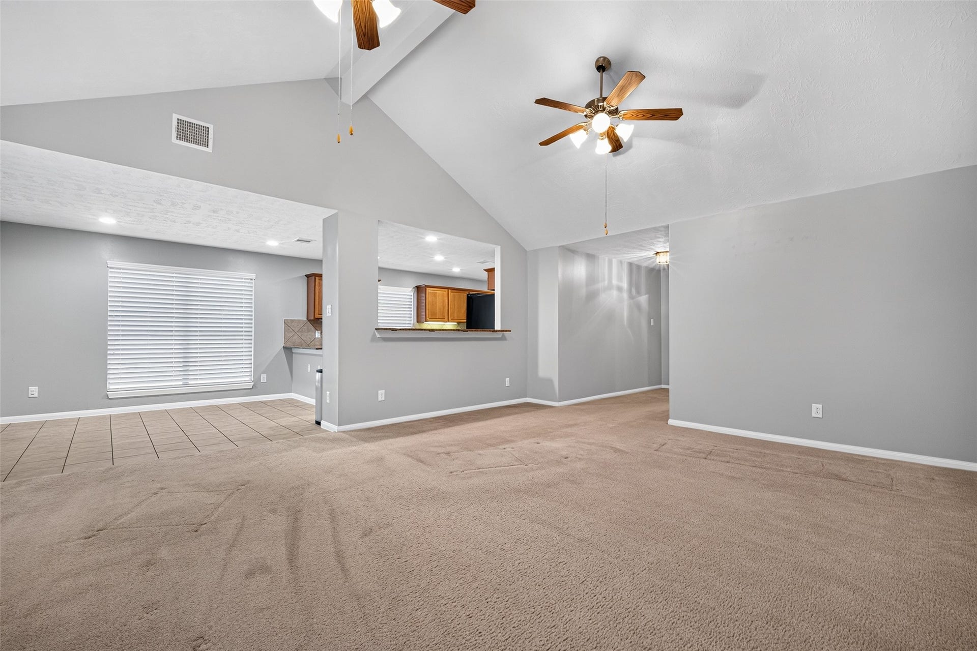 Living area offers a broad carpeted layout, a vaulted ceiling, and a kitchen pass-through that connects the two spaces.