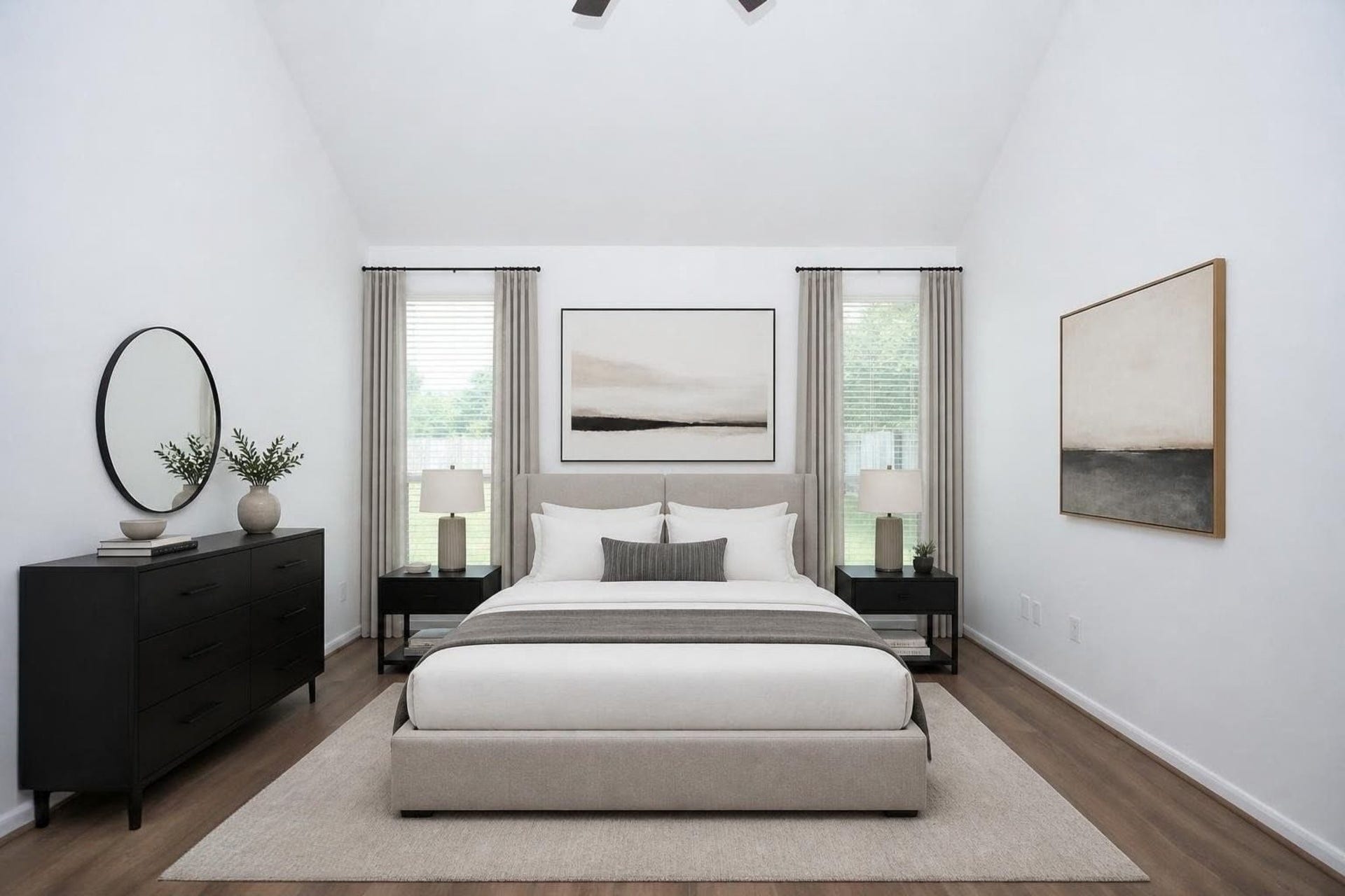 9111 Morningstar Drive, Sugar Land, TX 77479 Discover modern elegance in this virtually staged bedroom, featuring a serene color palette, stylish furnishings, and abundant natural light through large windows.