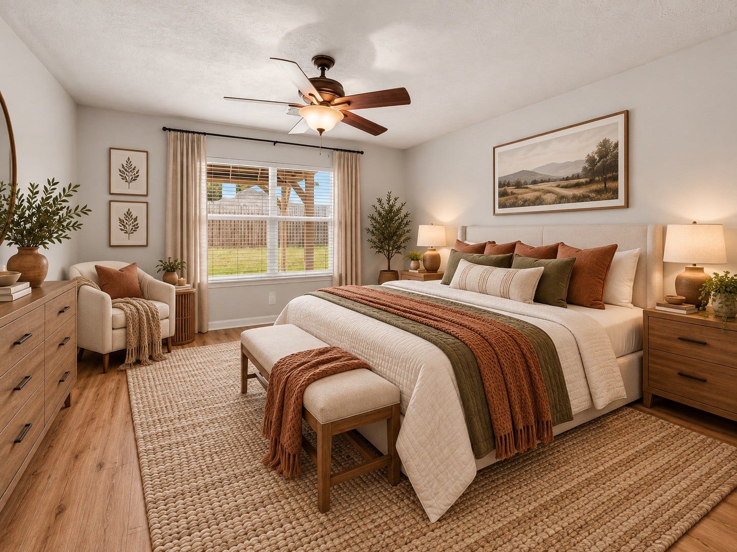 18126 Brightwood Park Lane, Richmond, TX 77407 Virtually staged primary bedroom showcases a spacious layout with warm flooring and natural light.